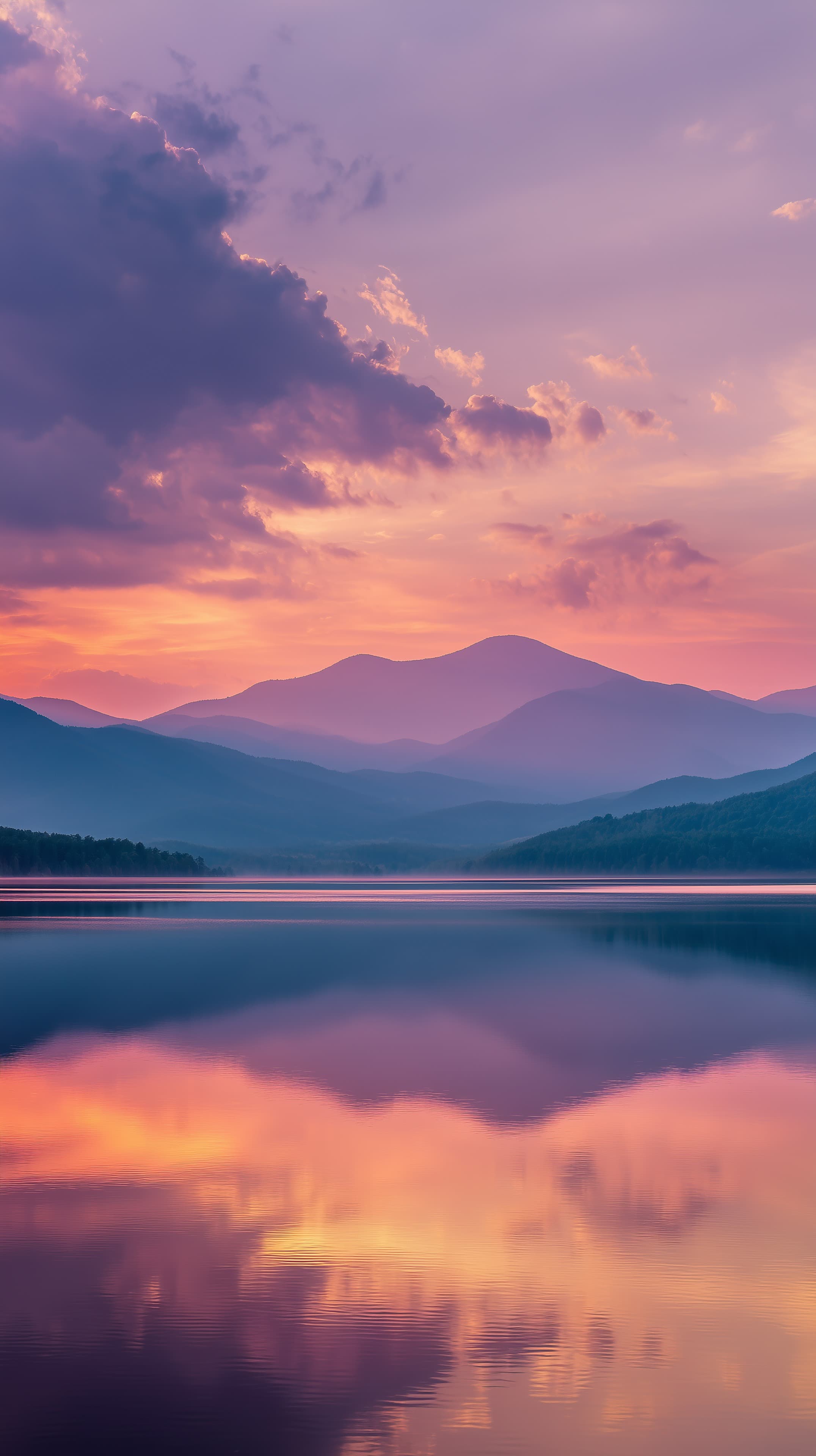 Serene Sunset Mountain Lake Wallpaper in Purple Pink Hues - High Resolution calm Wallpaper for Mobile and Desktop