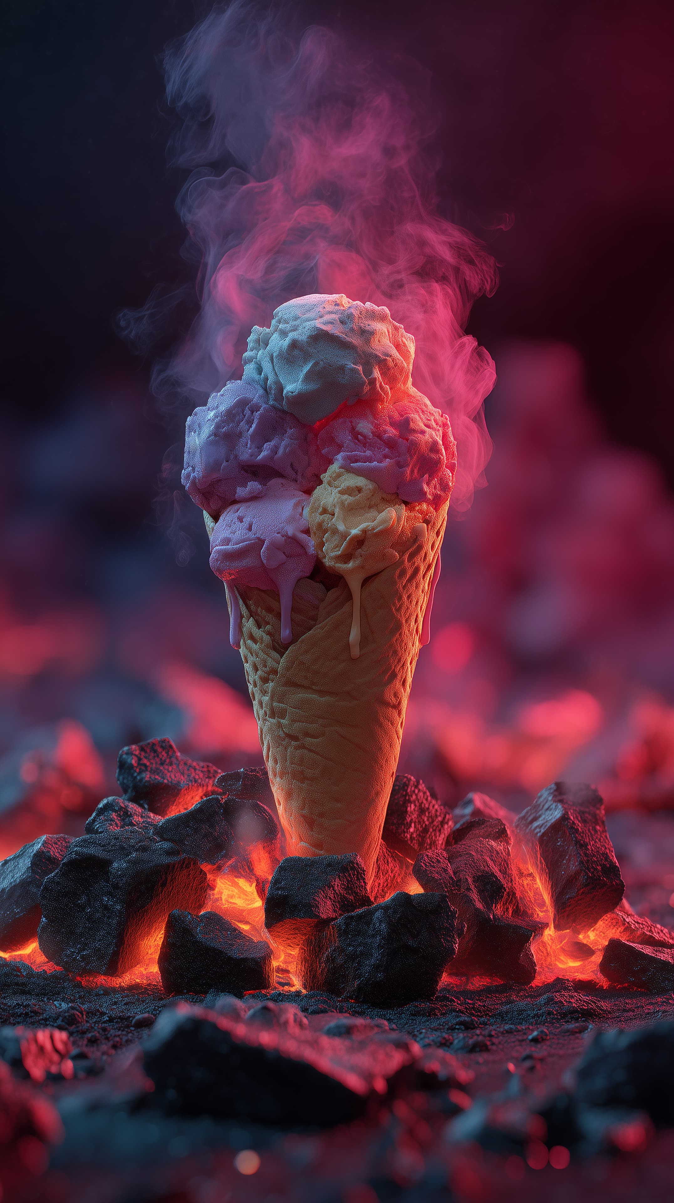 Vivid Neon Ice Cream Cone with Colorful Scoops and Smoke - High Resolution ice-cream-cone Wallpaper for Mobile and Desktop