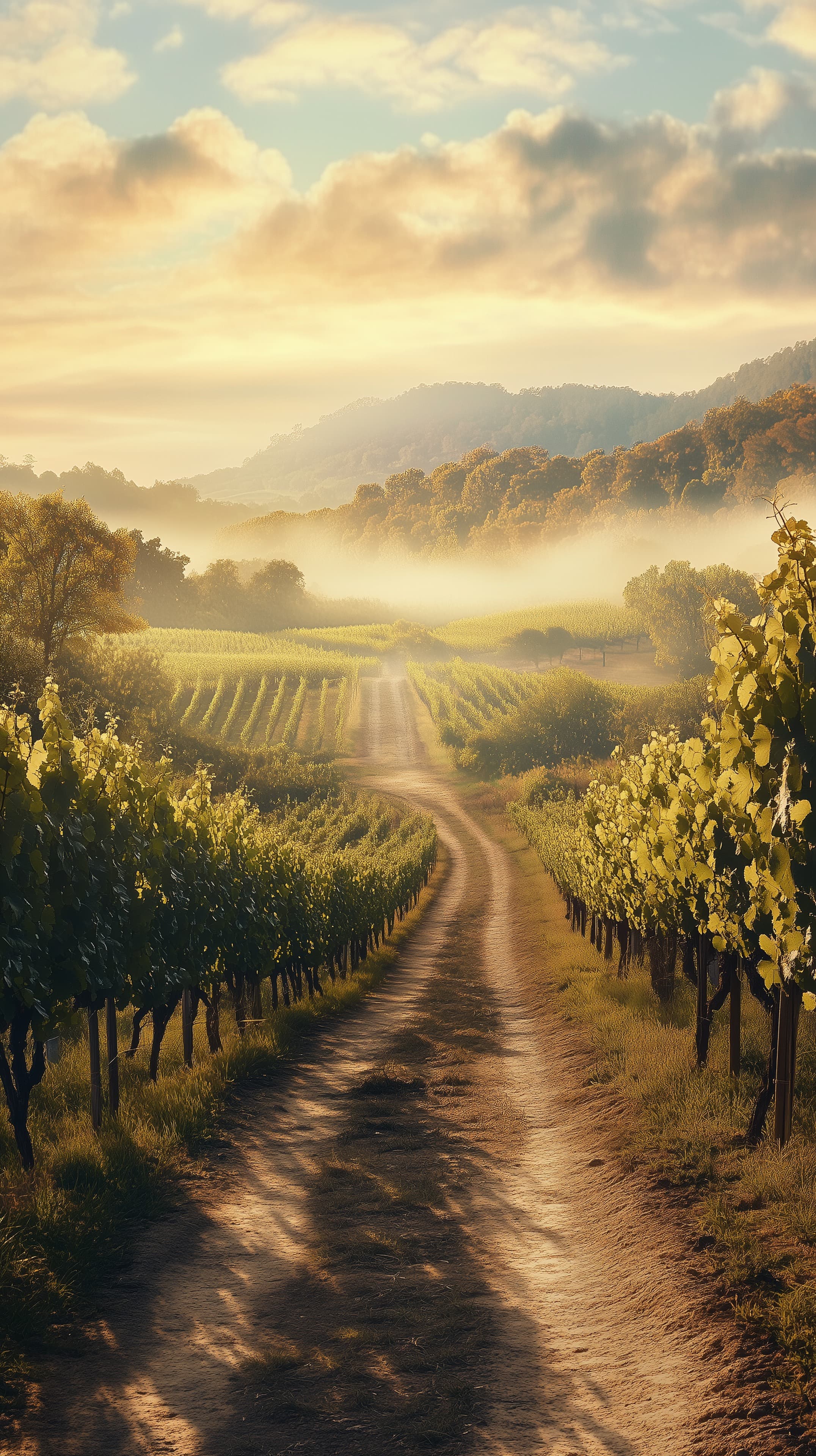 Golden Hour Vineyard Path at Sunset - Misty Rural Landscape - High Resolution countryside Wallpaper for Mobile and Desktop