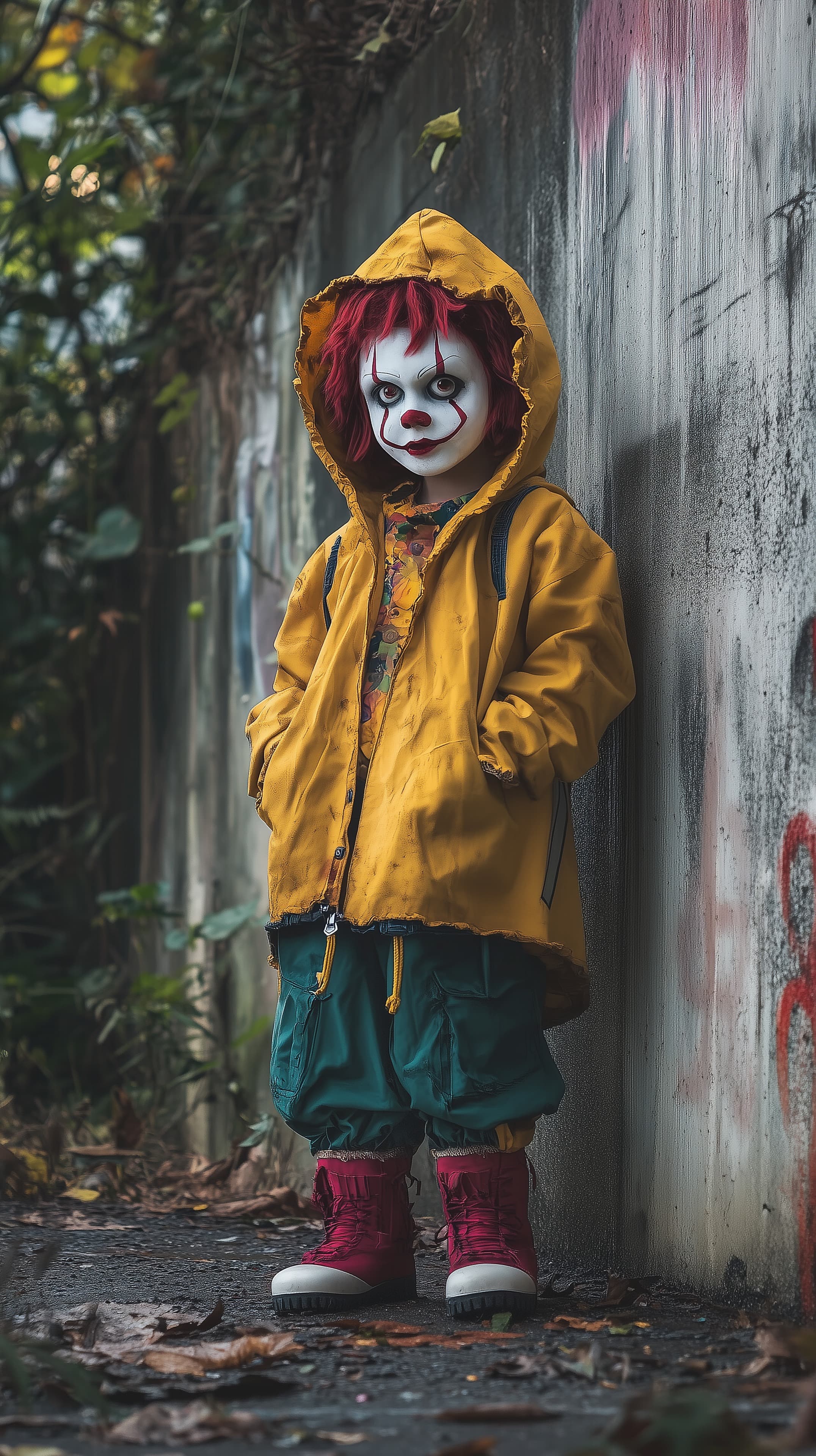 Clown-Masked Child in Yellow Raincoat — Urban Graffiti Scene - High Resolution cinematic-art Wallpaper for Mobile and Desktop