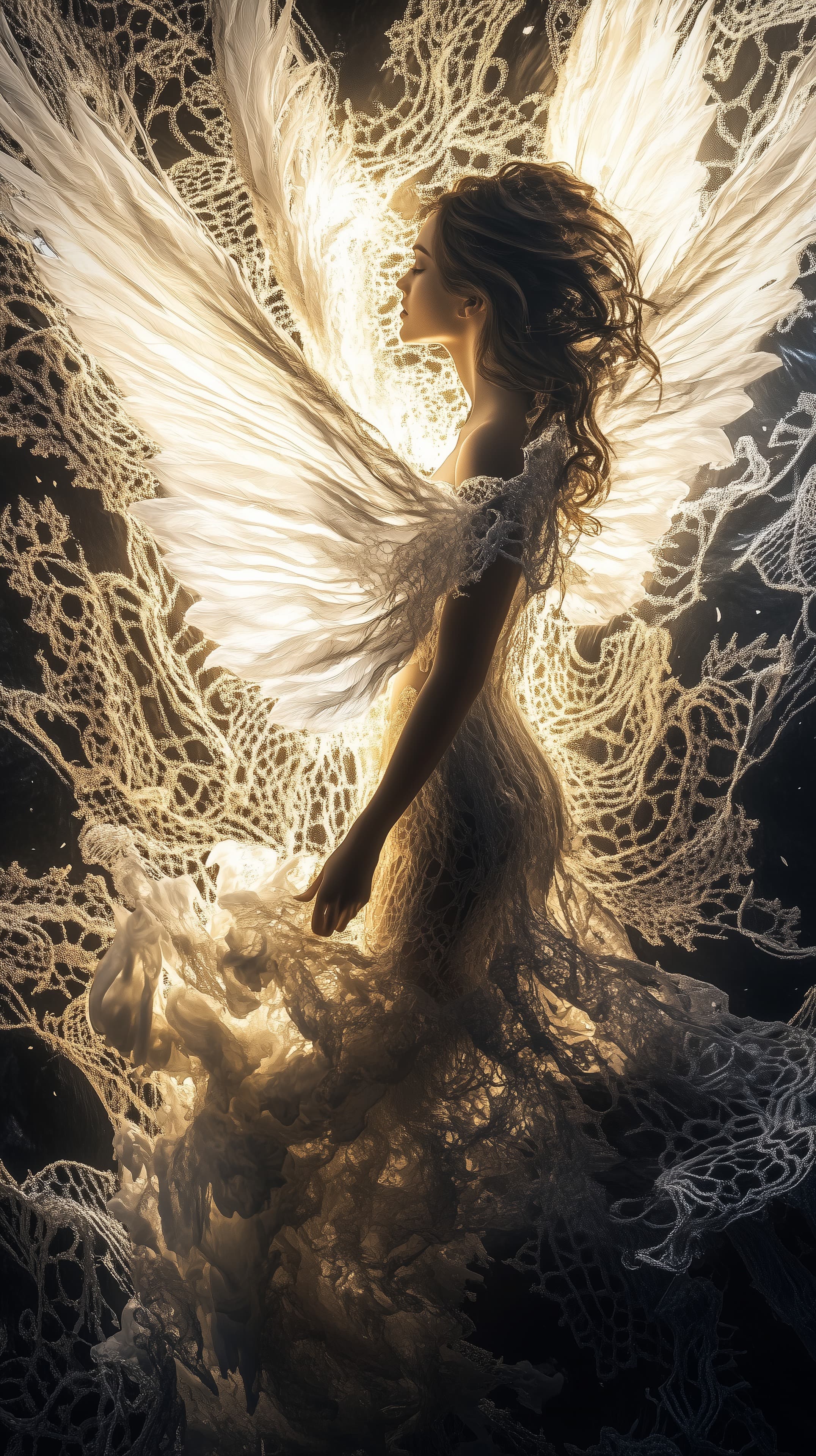 Ethereal angelic figure with glowing lace wings artwork - High Resolution angel-wings Wallpaper for Mobile and Desktop