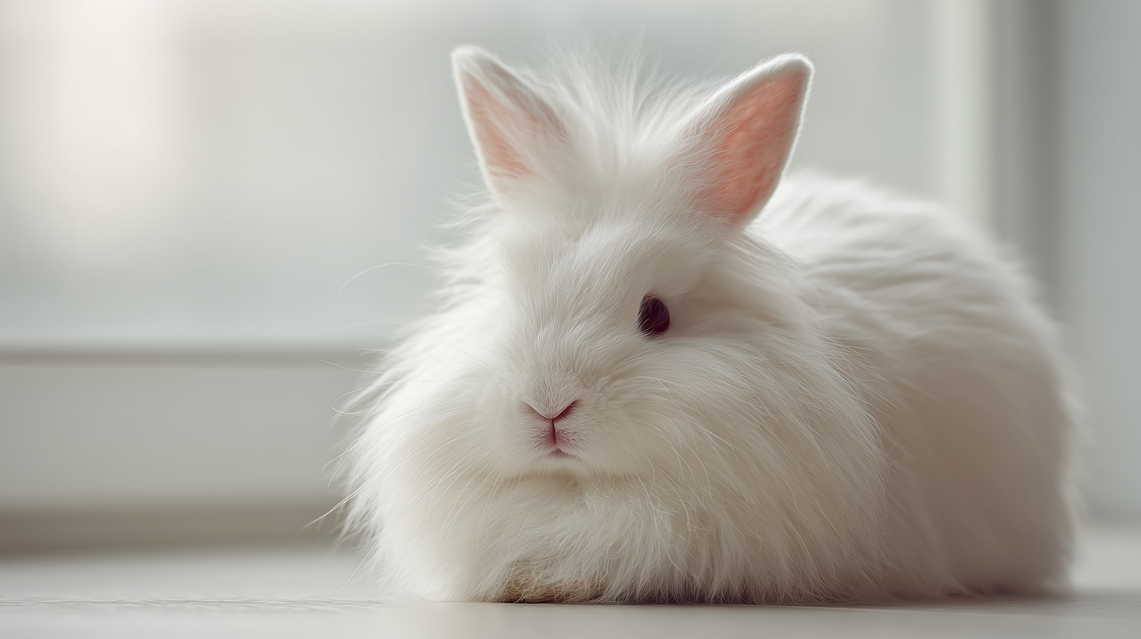 Dreamy White Fluffy Bunny resting by window - Cozy wallpaper - High Resolution bunny Wallpaper for Mobile and Desktop