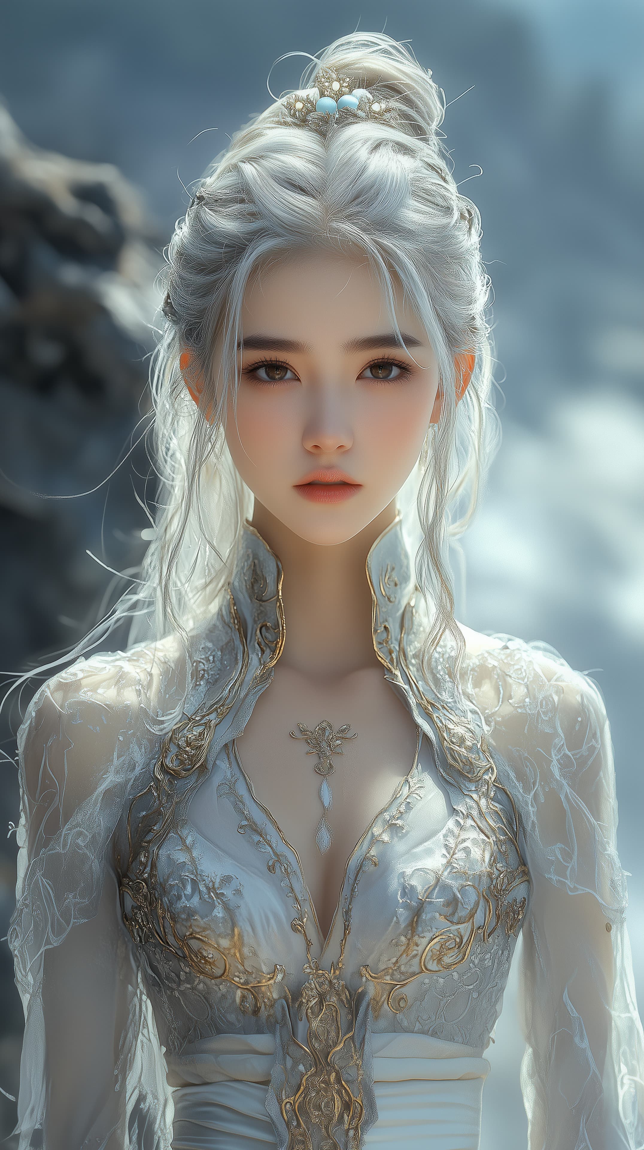 Ethereal silver-haired beauty in an ornate ivory gown - High Resolution dreamlike Wallpaper for Mobile and Desktop