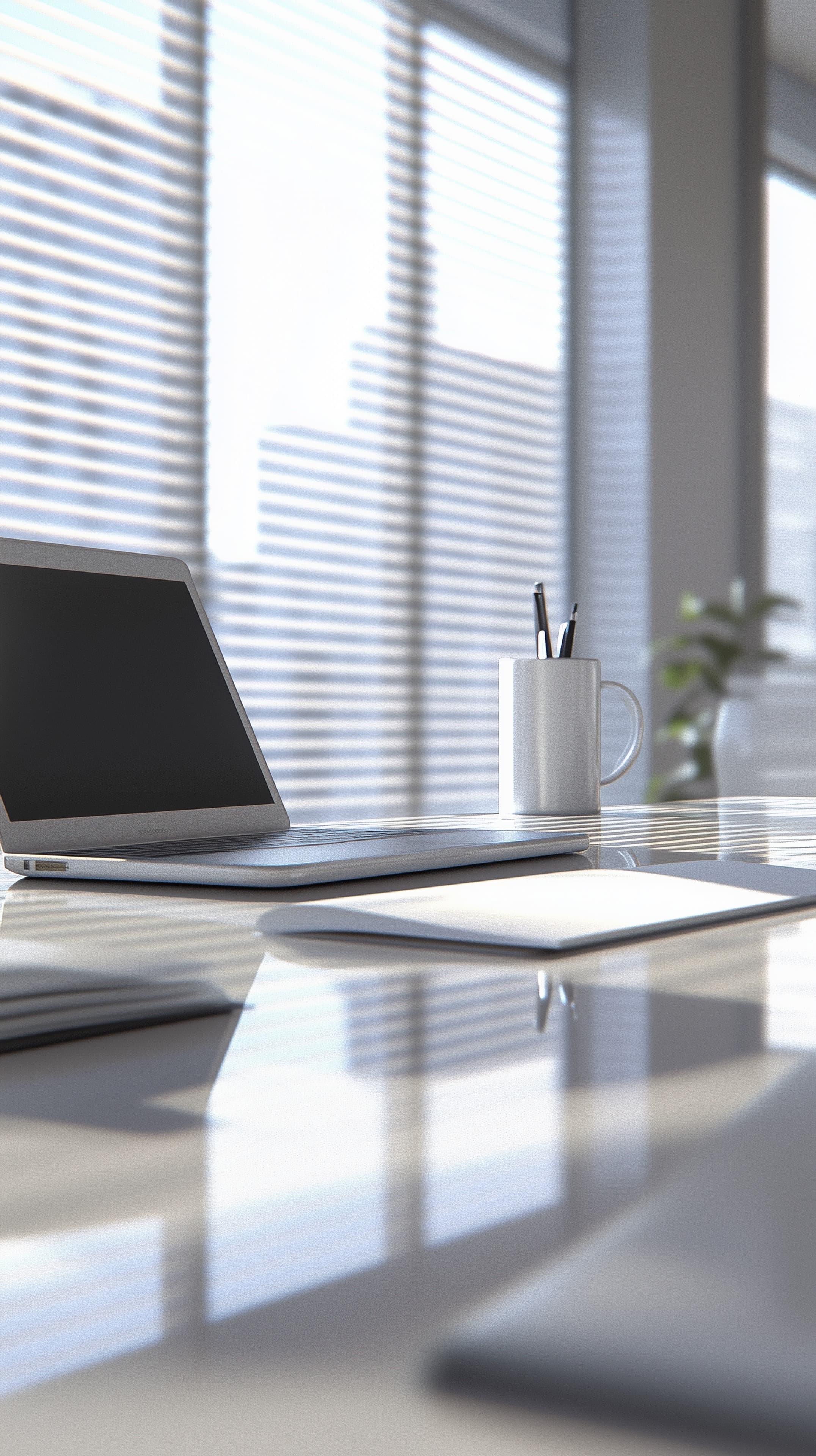 Minimalist Office Desk Scene with Laptop, Mug and Natural Light - High Resolution office Wallpaper for Mobile and Desktop