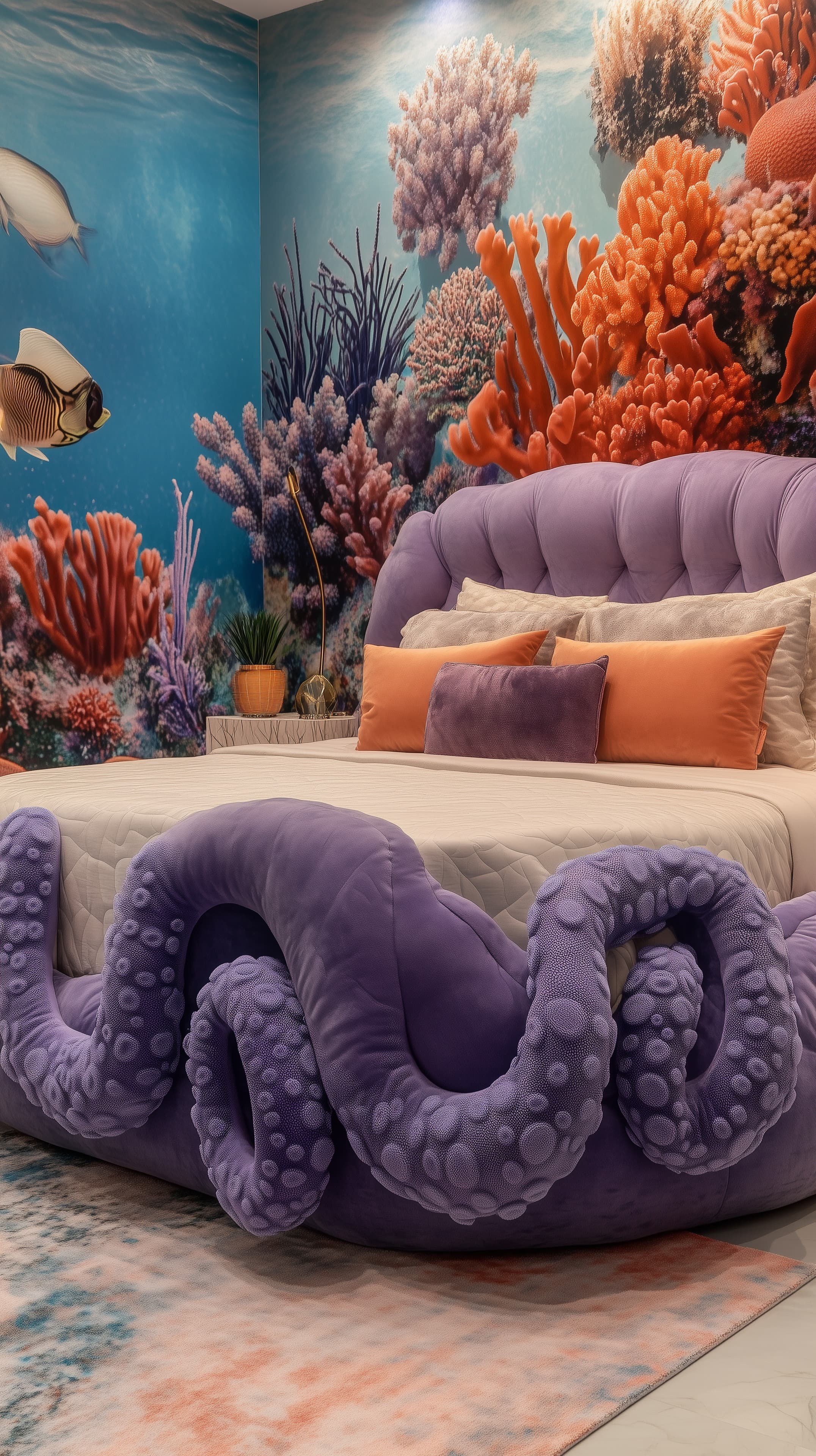 Undersea Coral Reef Wall Mural Bedroom with Purple Tentacle Bed - High Resolution bedroom-decor Wallpaper for Mobile and Desktop