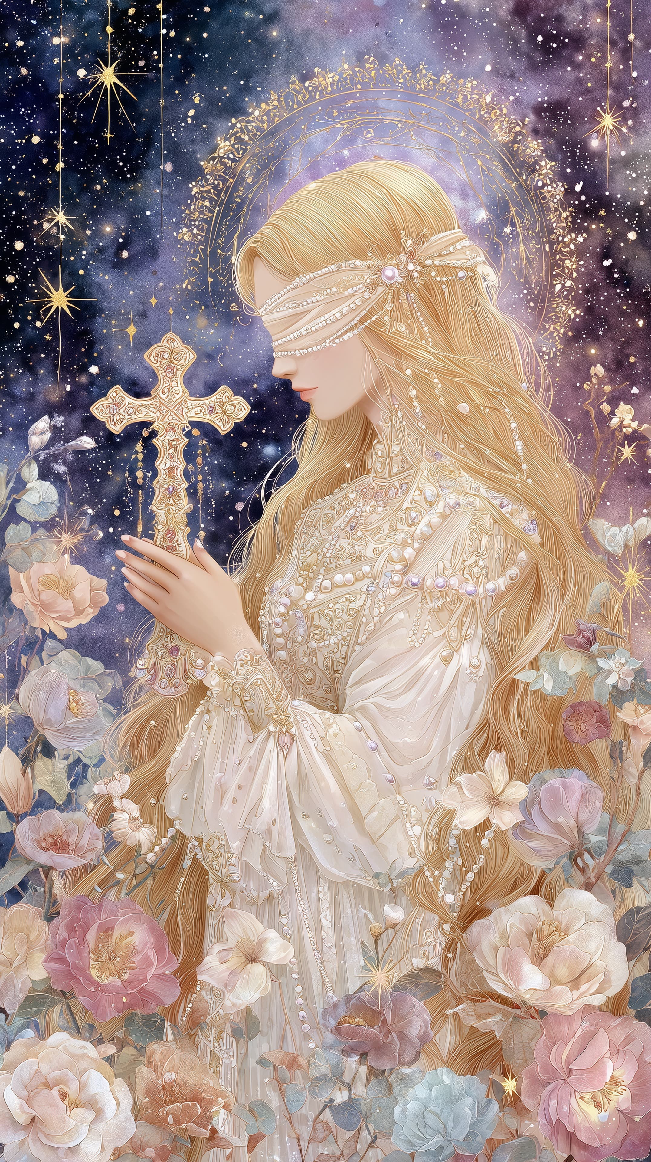 Ethereal Princess in Pearl-Embroidered Gown with Cross - High Resolution celestial-night Wallpaper for Mobile and Desktop