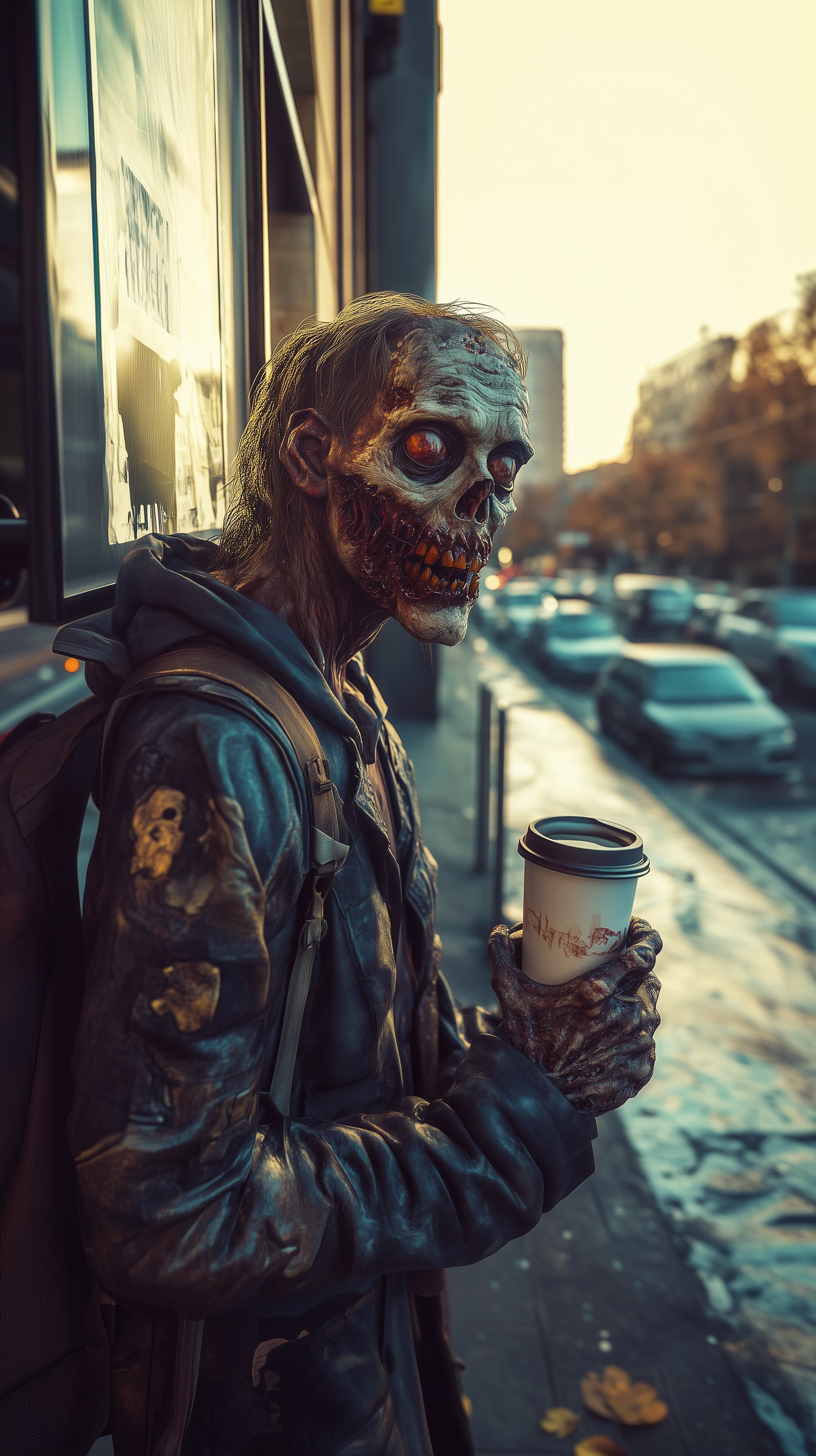 Urban Zombie in Hoodie by Sunset with a Coffee Cup - High Resolution coffee Wallpaper for Mobile and Desktop