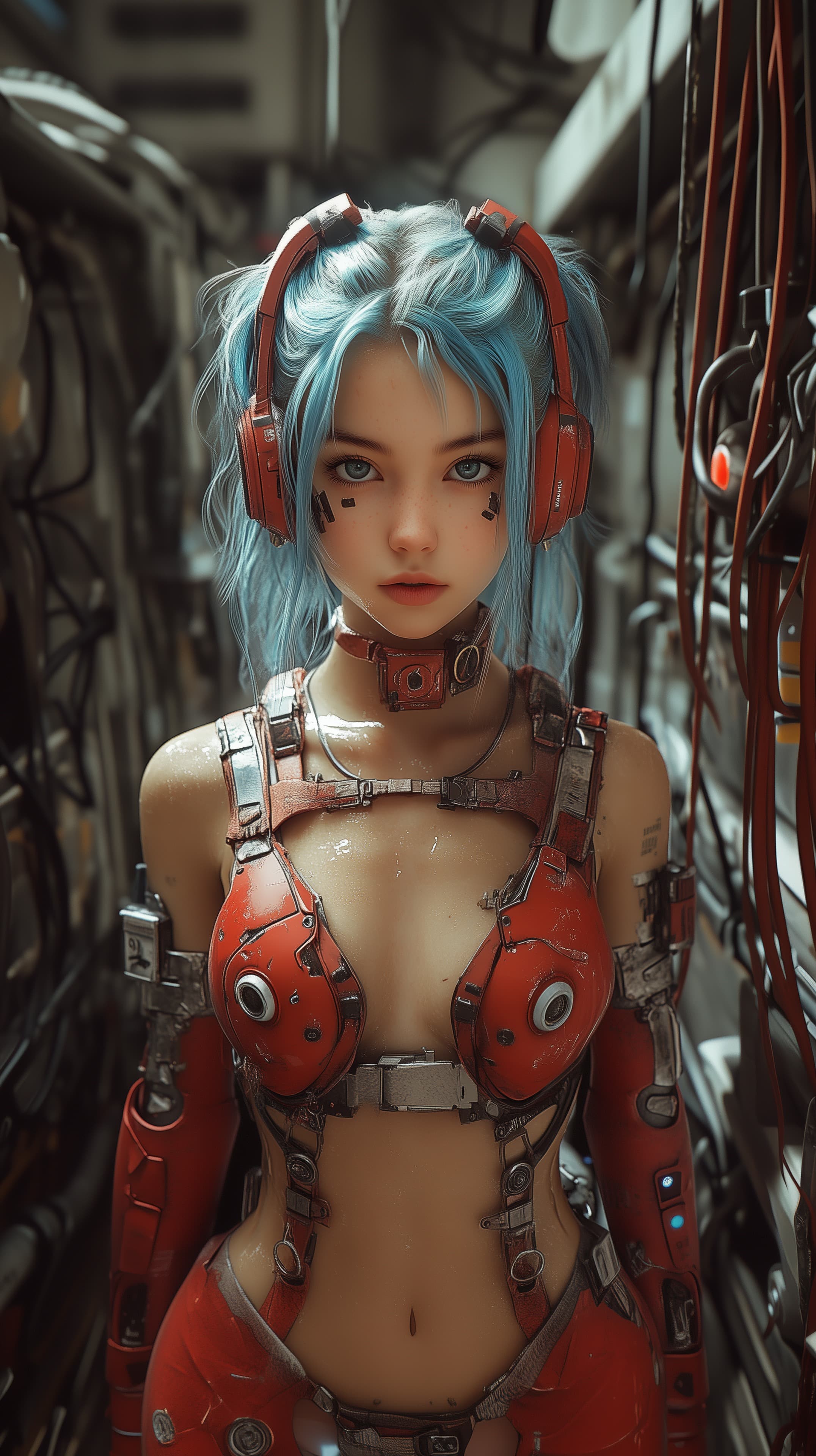 Cyberpunk Red Armor Portrait in Neon Lab Corridor Scene - High Resolution armor Wallpaper for Mobile and Desktop