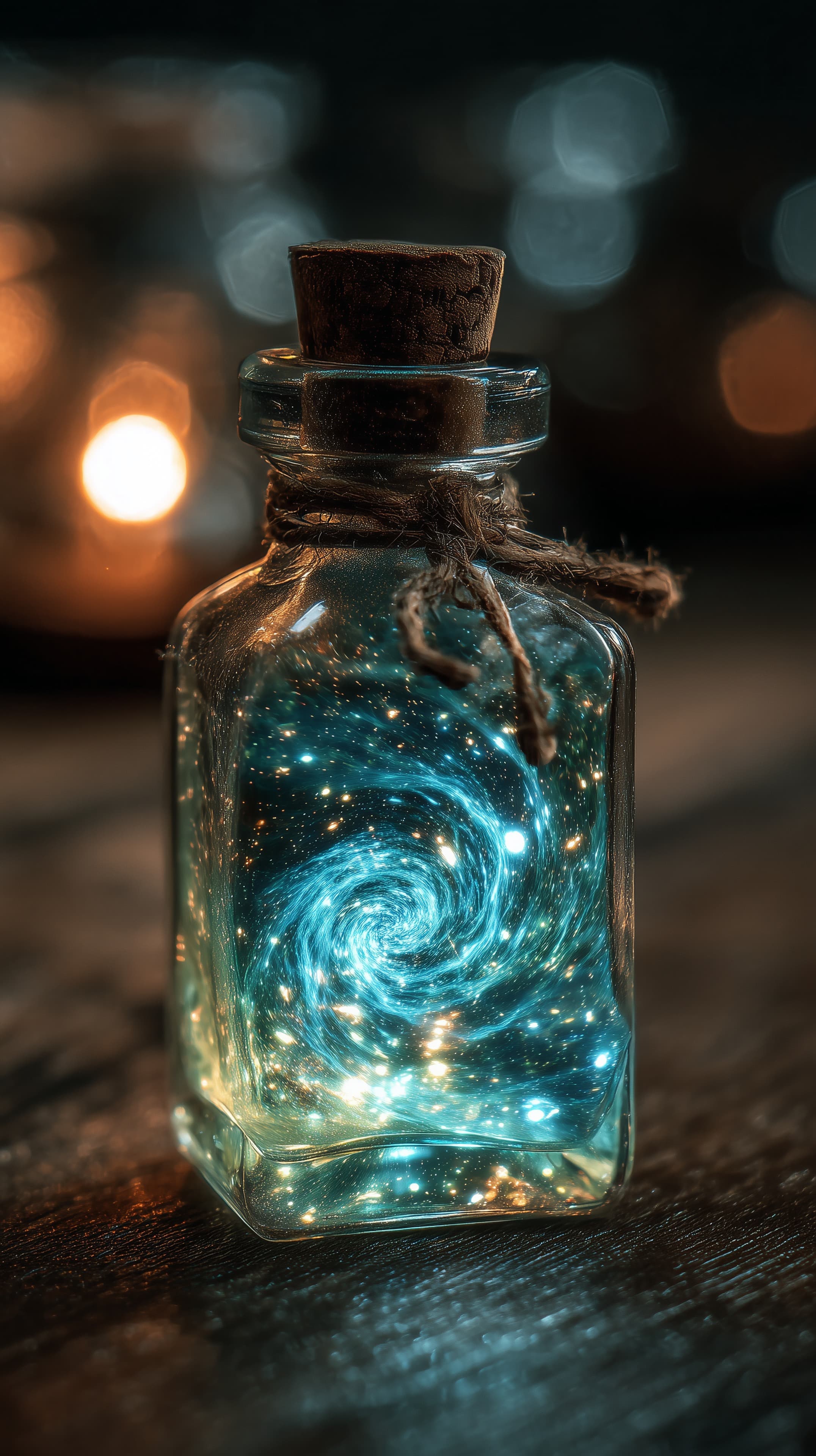 Mystic Starglow in a Glass Bottle with Cosmic Swirl - High Resolution blue-glow Wallpaper for Mobile and Desktop