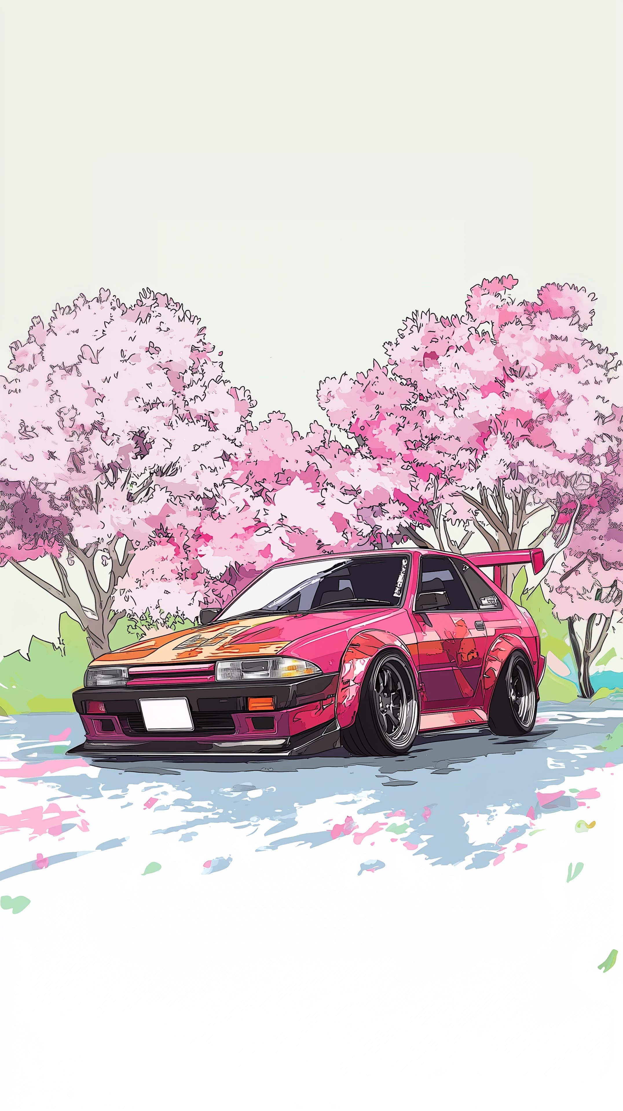 Pastel Pink Sports Car in Cherry Blossom Garden - Wallpaper - High Resolution anime-style Wallpaper for Mobile and Desktop