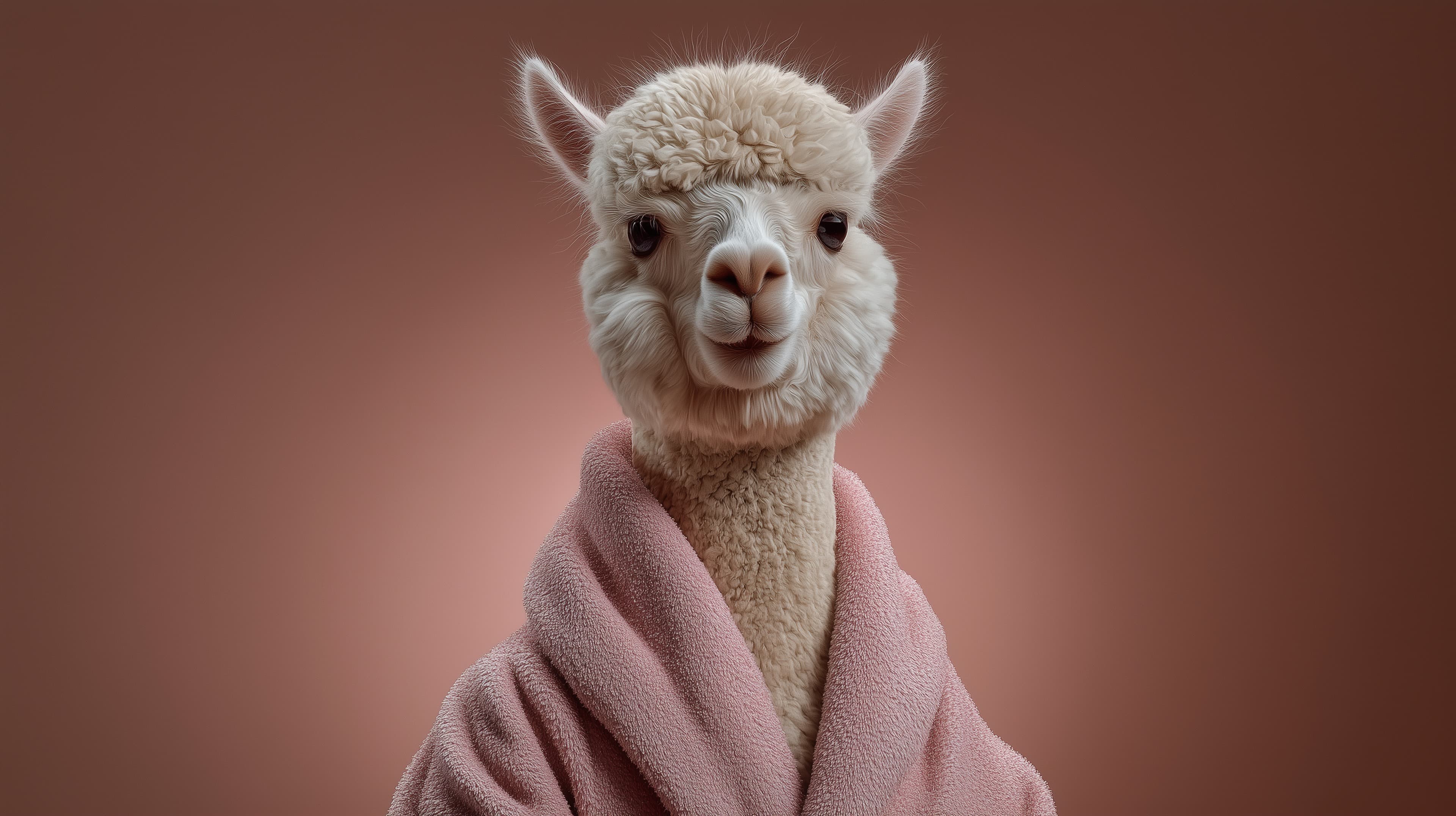 Adorable Alpaca in a Pink Robe - Cozy Wallpaper for Dreamy Rooms - High Resolution alpaca Wallpaper for Mobile and Desktop