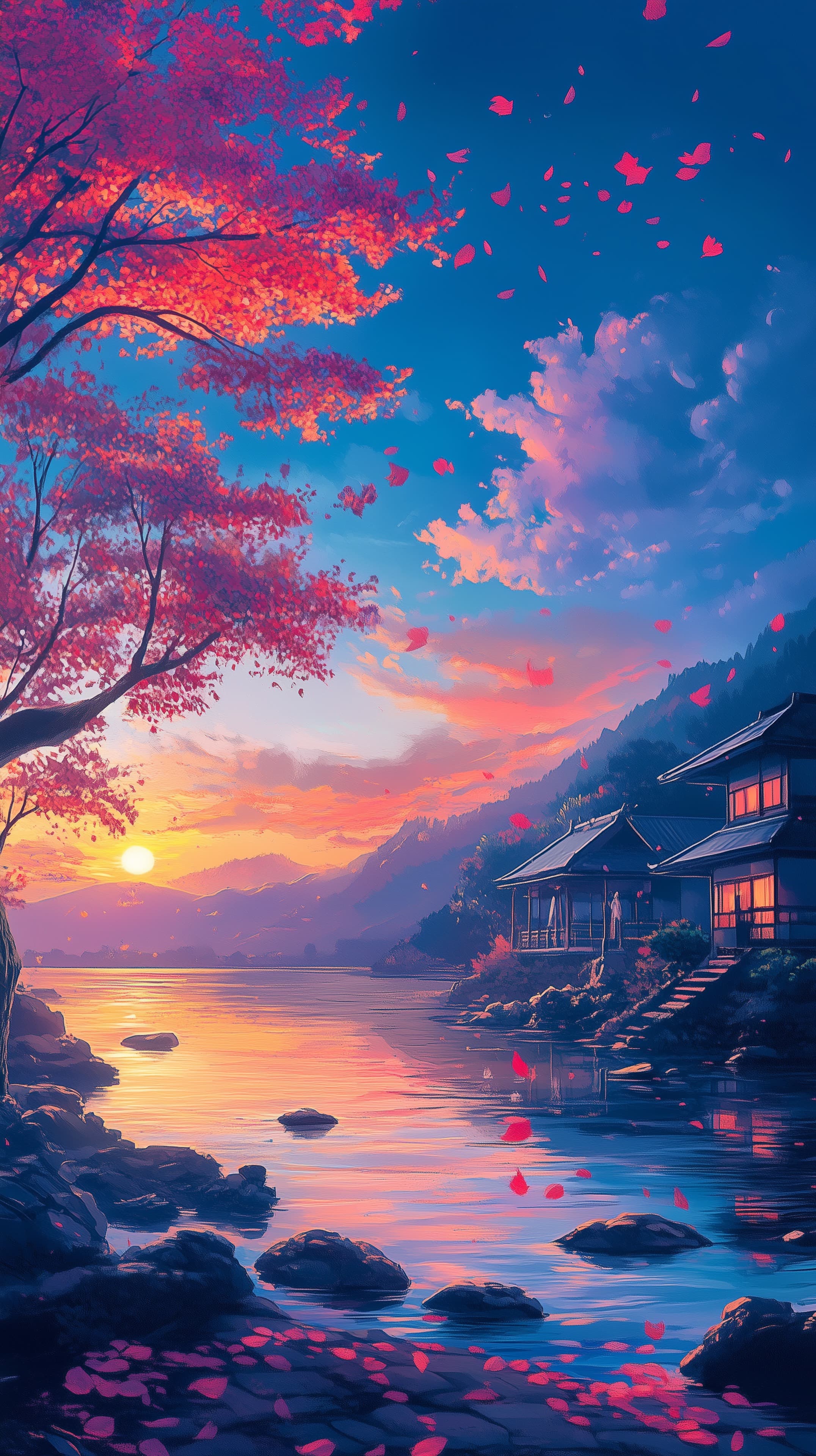Serene Sunset by a Lakeside Village with Cherry Blossoms - High Resolution cabins-by-the-shore Wallpaper for Mobile and Desktop