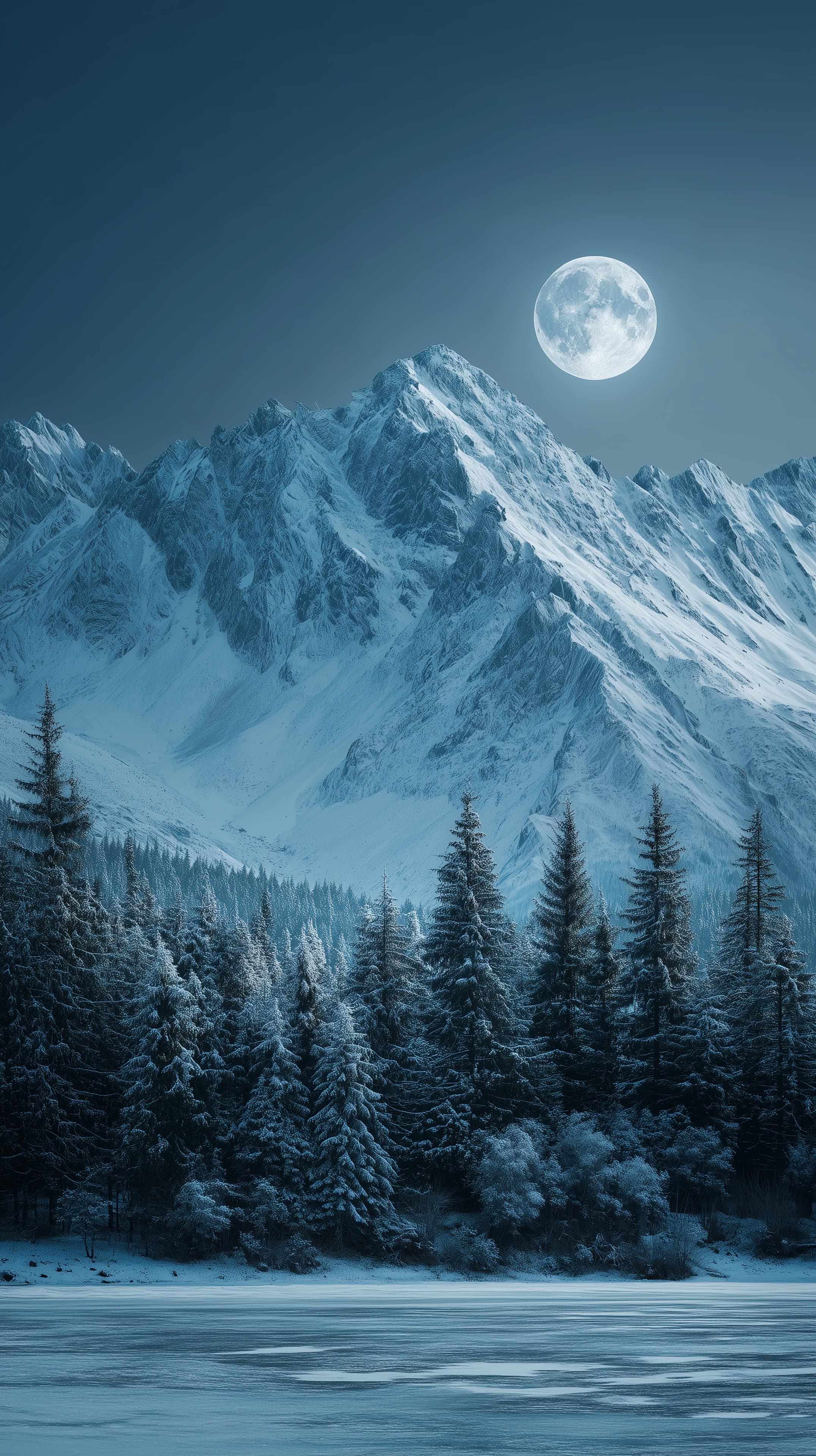 Moonlit Snowy Mountain Landscape Wallpaper with Full Moon - High Resolution alpine Wallpaper for Mobile and Desktop