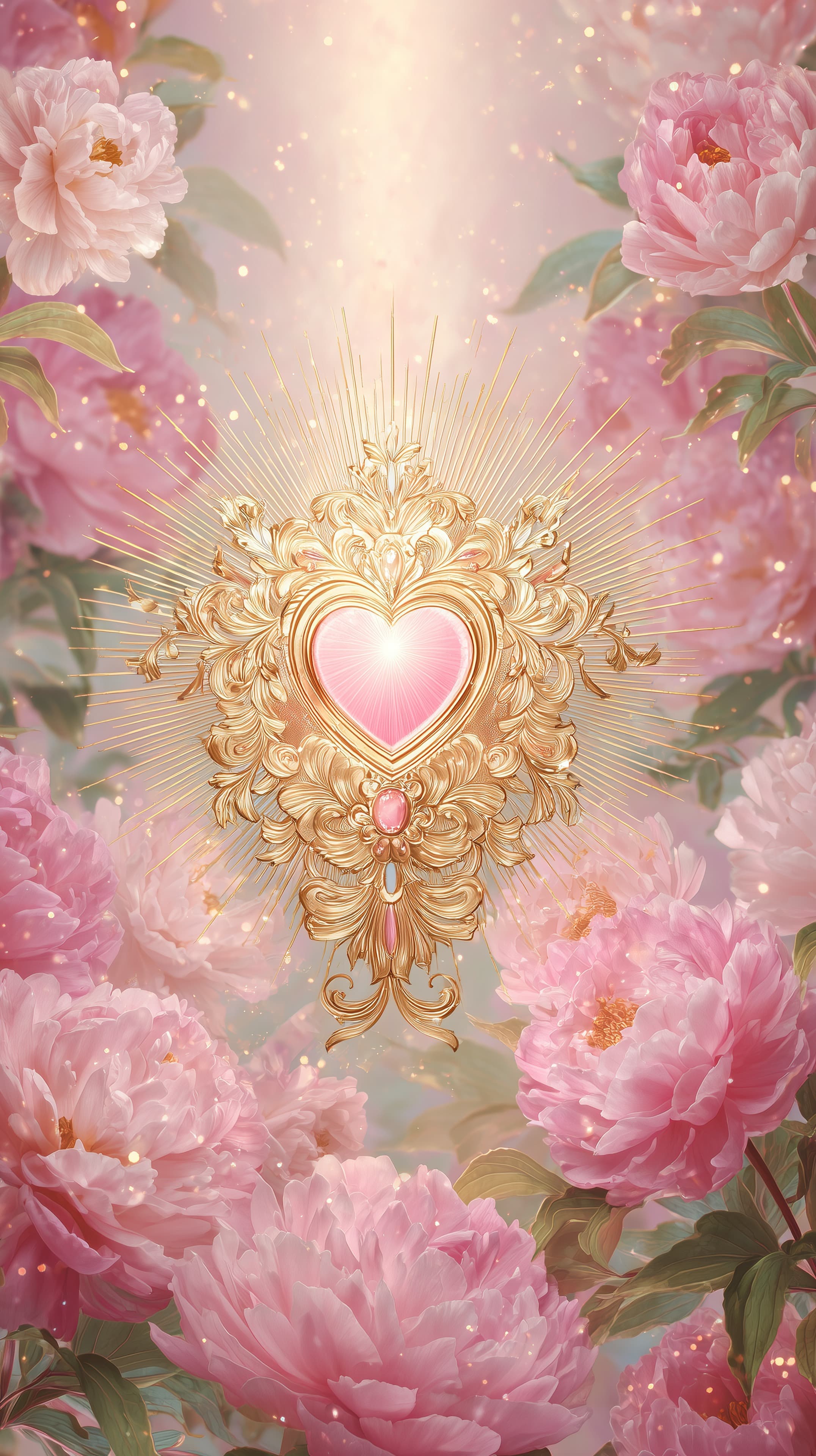 Dreamy Golden Heart Emblem Amid Pink Peony Garden Wallpaper - High Resolution dreamy-art Wallpaper for Mobile and Desktop