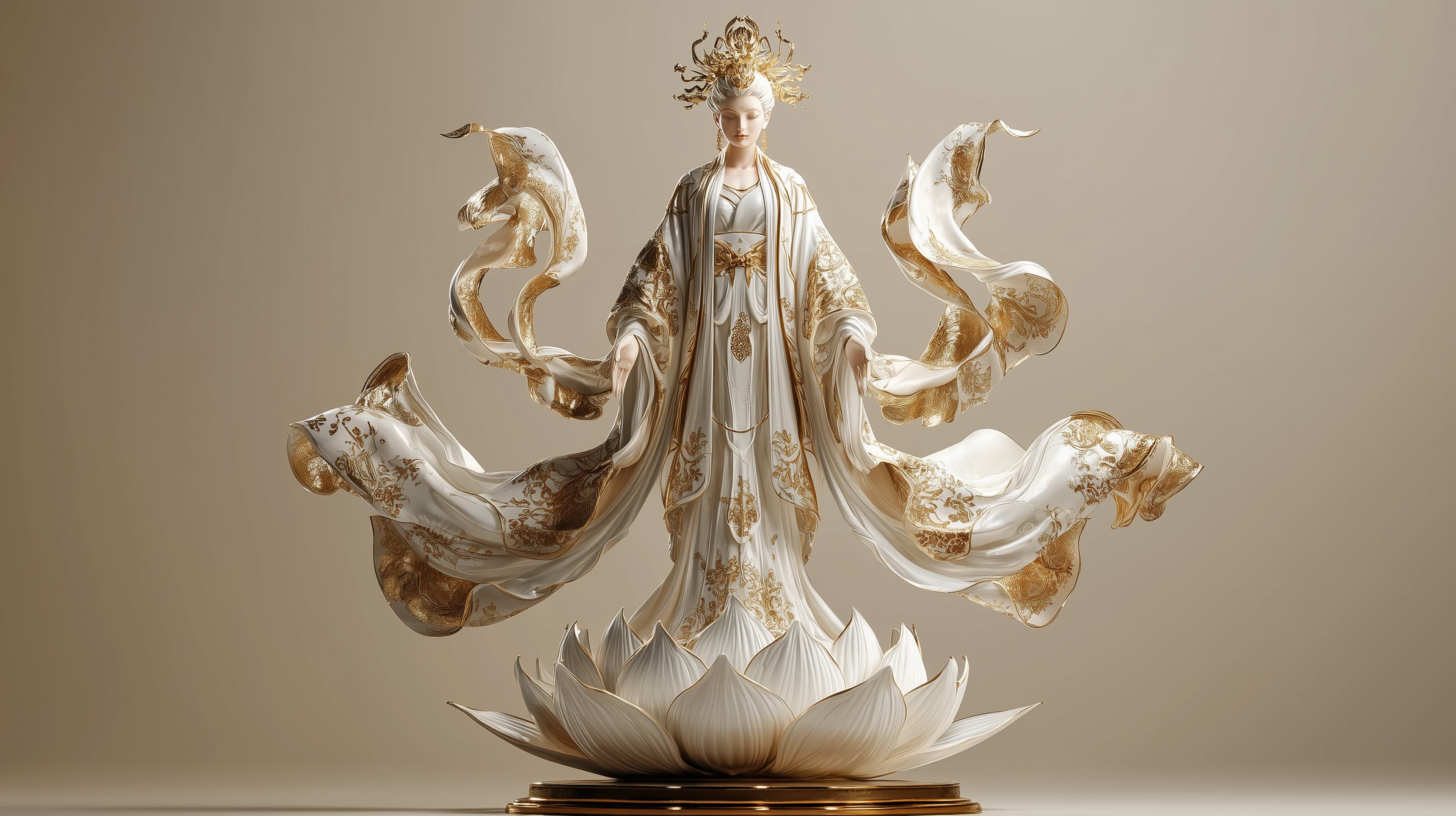 Elegant Goddess on a Golden Lotus Wallpaper with Flowing Robes - High Resolution dreamlike-sculpture Wallpaper for Mobile and Desktop