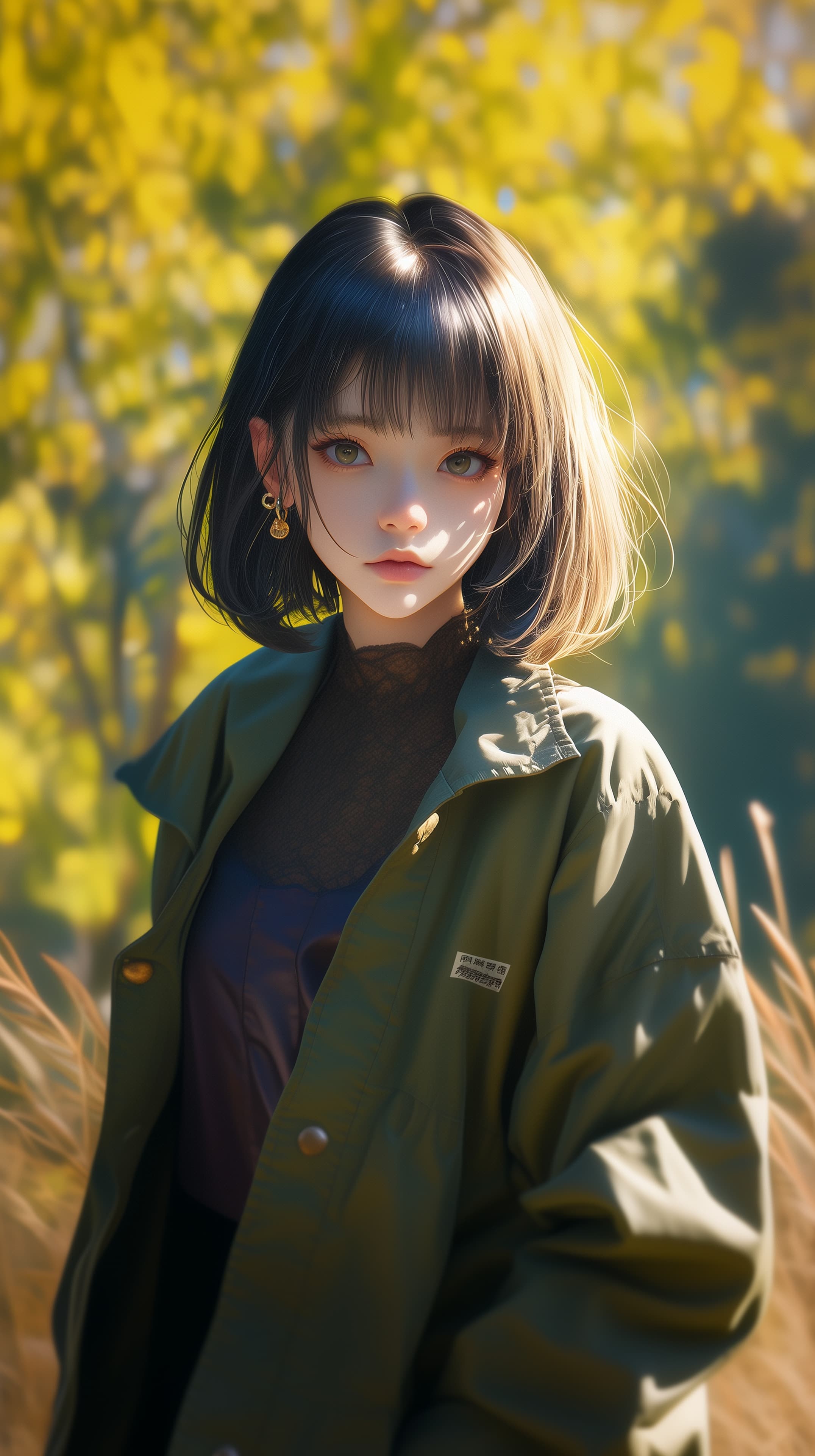 Autumn Light Portrait: Anime-Inspired Girl in Olive Jacket - High Resolution anime-inspired Wallpaper for Mobile and Desktop