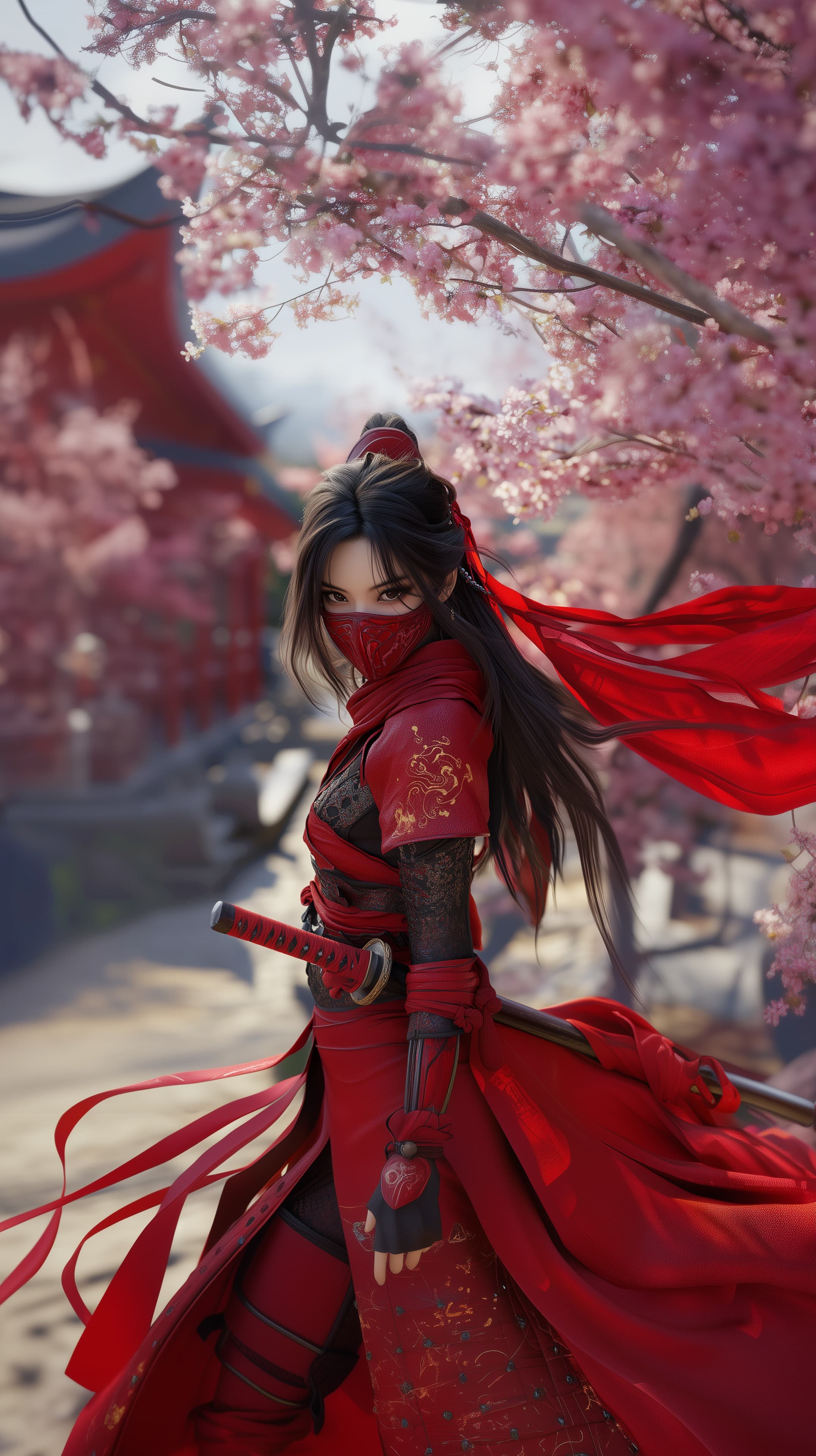 Red Warrior in Cherry Blossom Garden - Fantasy Wallpaper - High Resolution anime-style Wallpaper for Mobile and Desktop