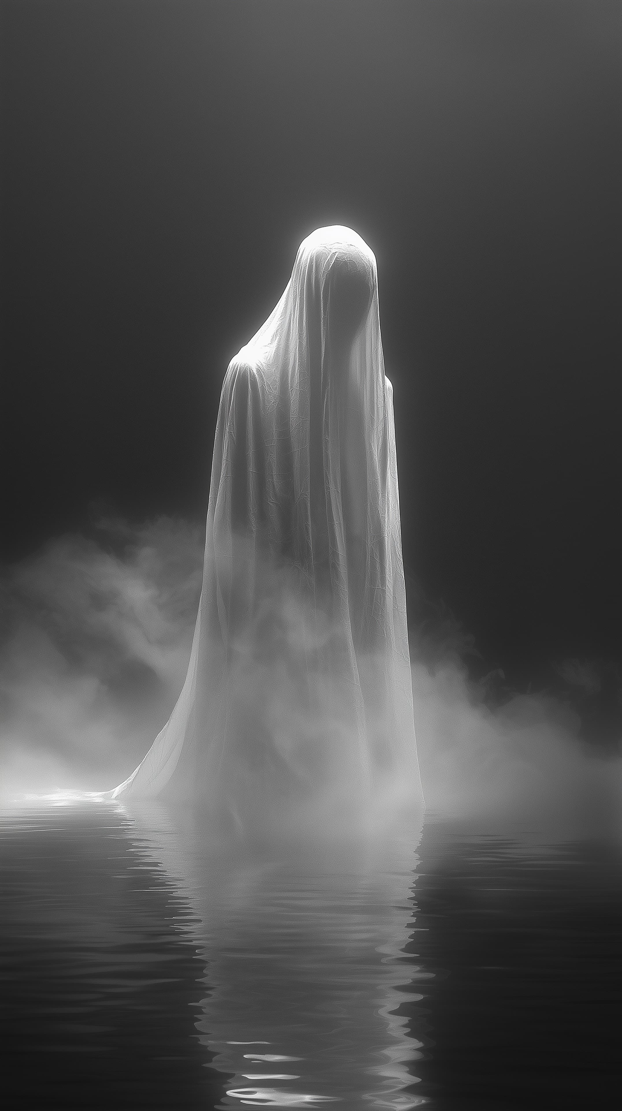 Ethereal Veiled Figure Emerging from Misty Water Monochrome - High Resolution ethereal Wallpaper for Mobile and Desktop