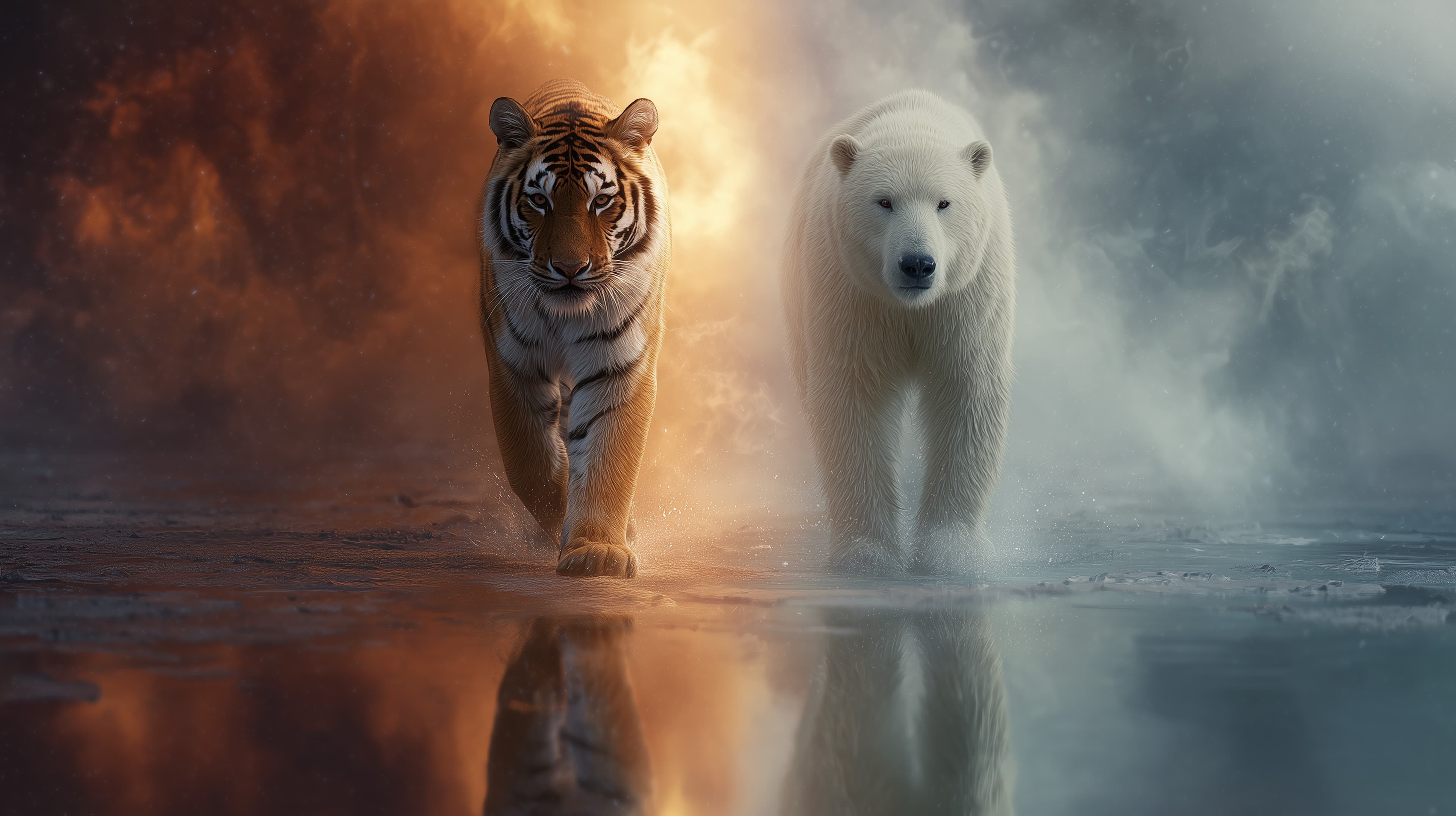 Tiger and Polar Bear Unite in a Fiery-Icy Dreamscape - High Resolution tiger Wallpaper for Mobile and Desktop