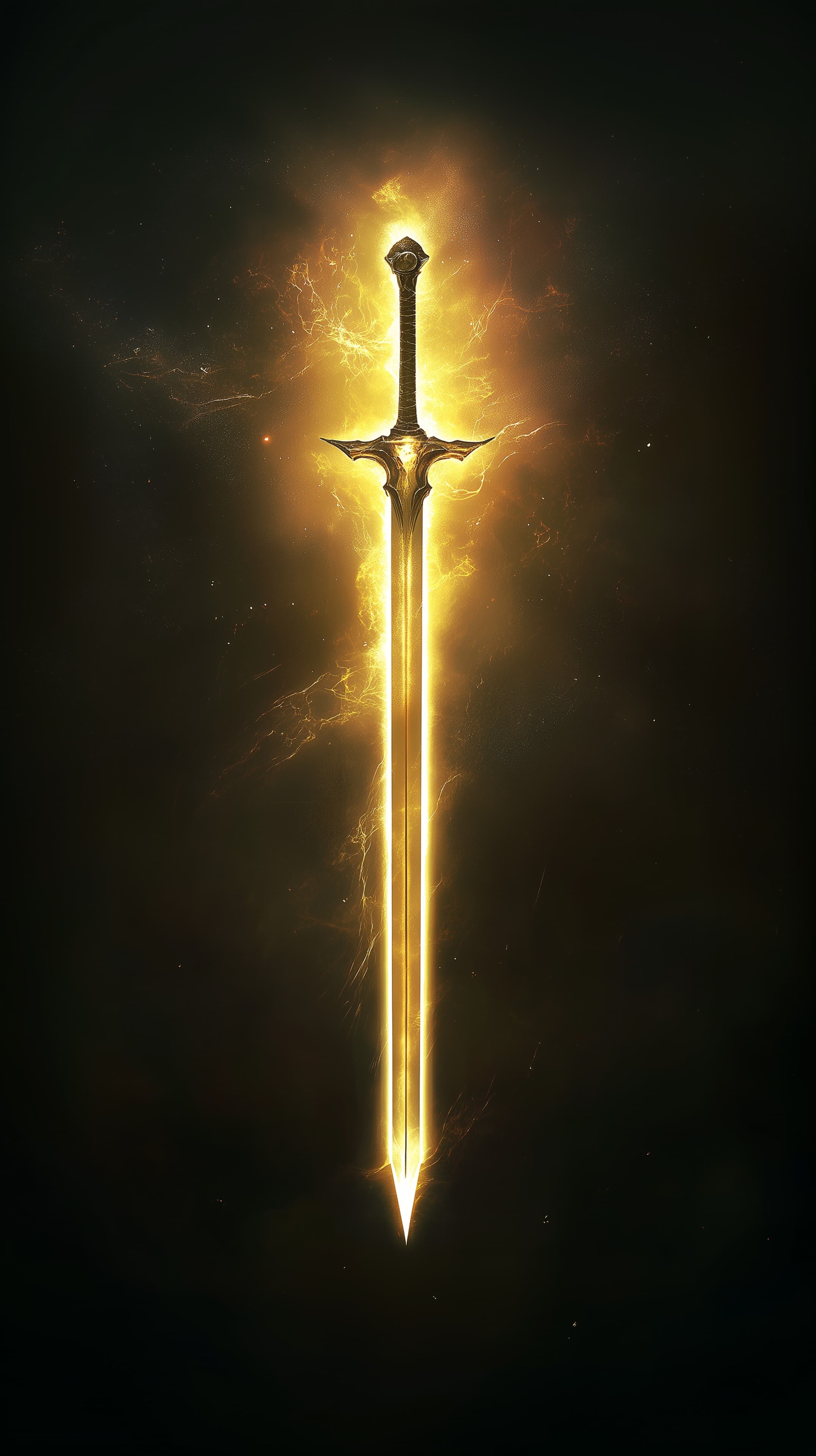 Radiant Golden Sword in Fiery Aura — Epic Fantasy Blade - High Resolution dark-background Wallpaper for Mobile and Desktop