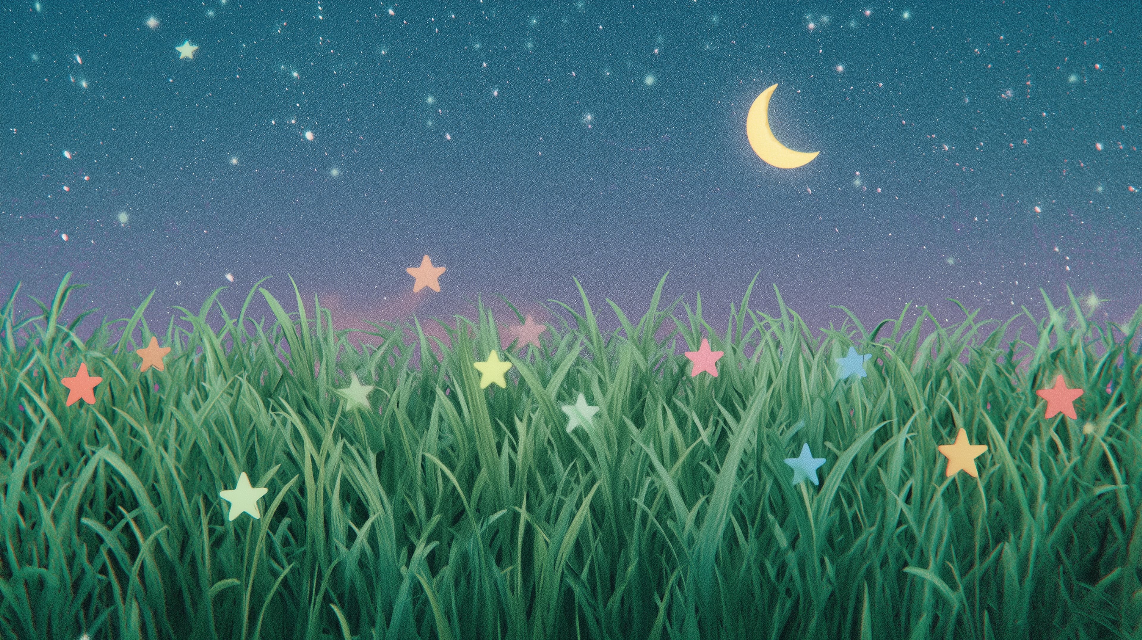Whimsical Night Grassscape with Crescent Moon and Stars - High Resolution crescent-moon Wallpaper for Mobile and Desktop