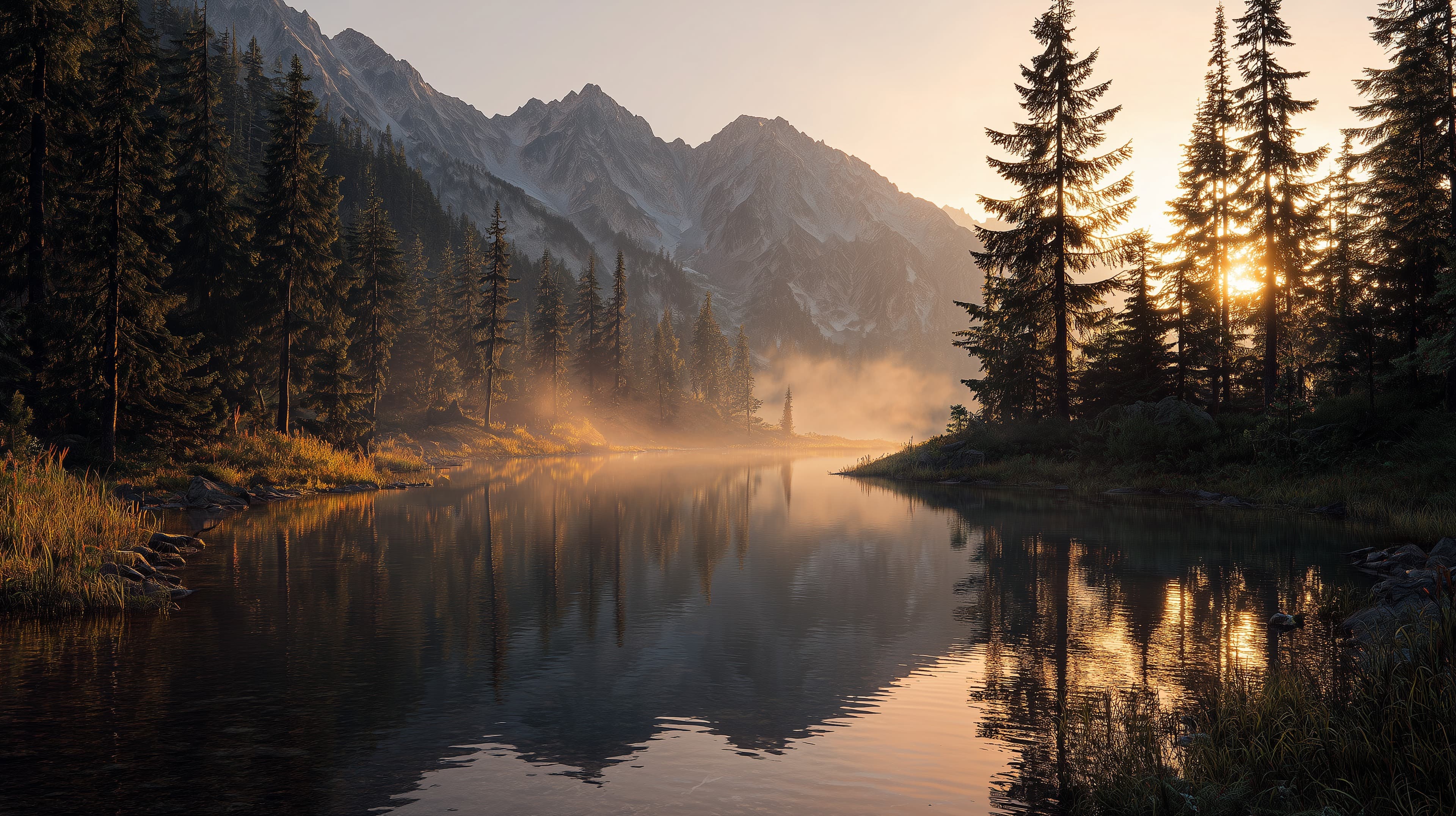 Serene Mountain Lake at Sunrise with Mist and Pines - High Resolution alpine Wallpaper for Mobile and Desktop