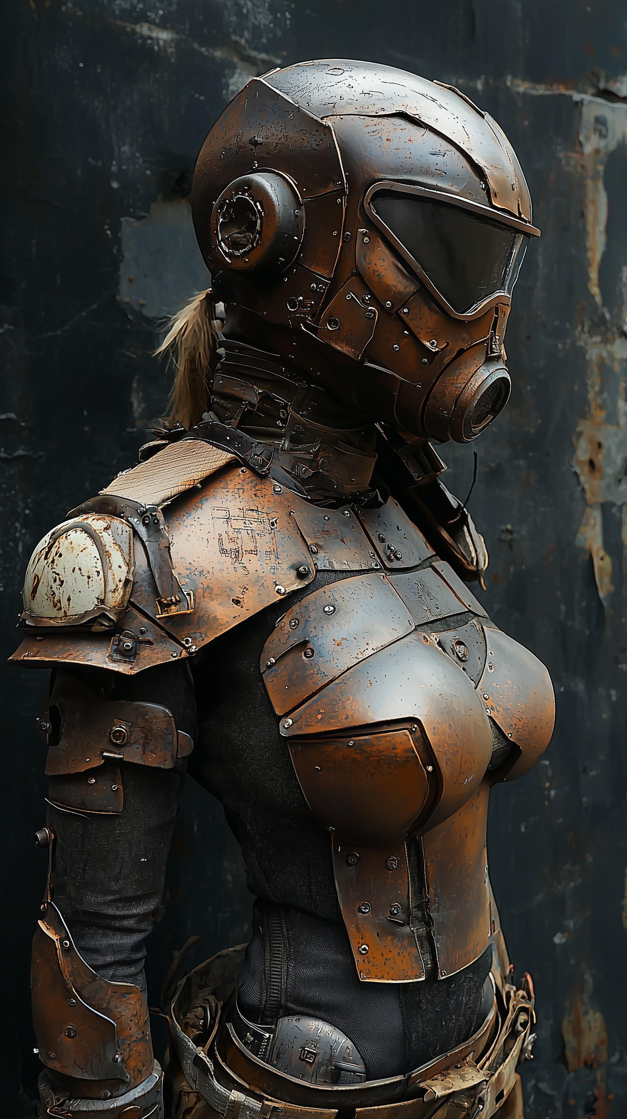 Rusty Steel Armor Suit in a Post-Apocalyptic Steel Portrait - High Resolution armored-helmet Wallpaper for Mobile and Desktop