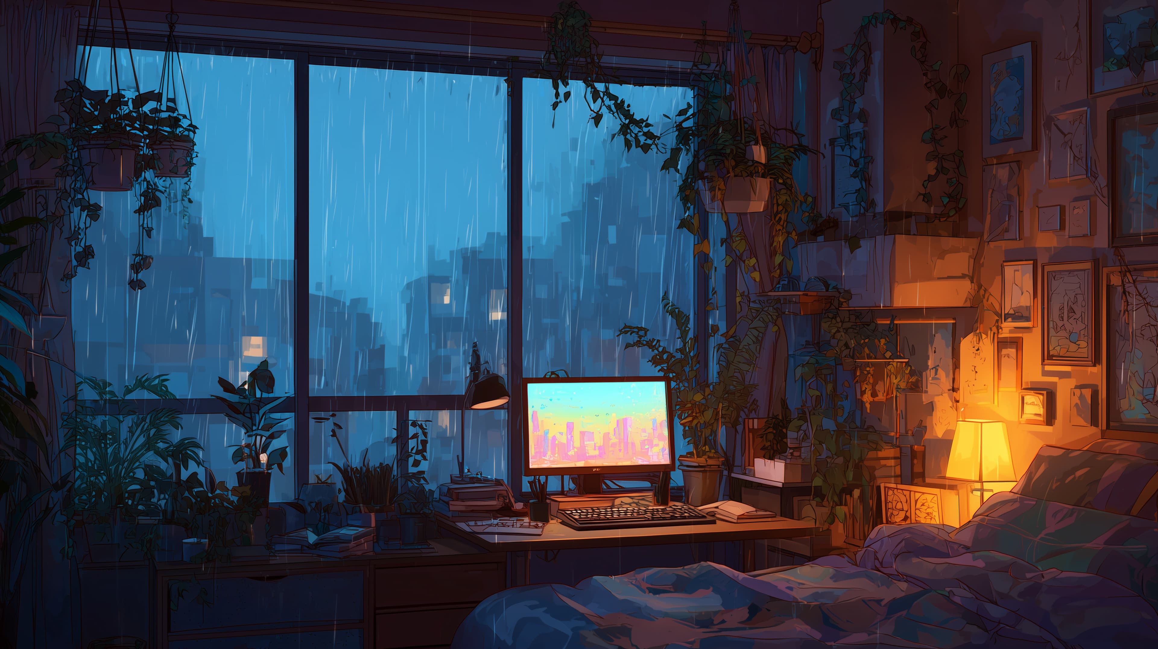 Cozy Rainy Night Bedroom Desk with Plants and City Glow - High Resolution bedroom-wallpaper Wallpaper for Mobile and Desktop