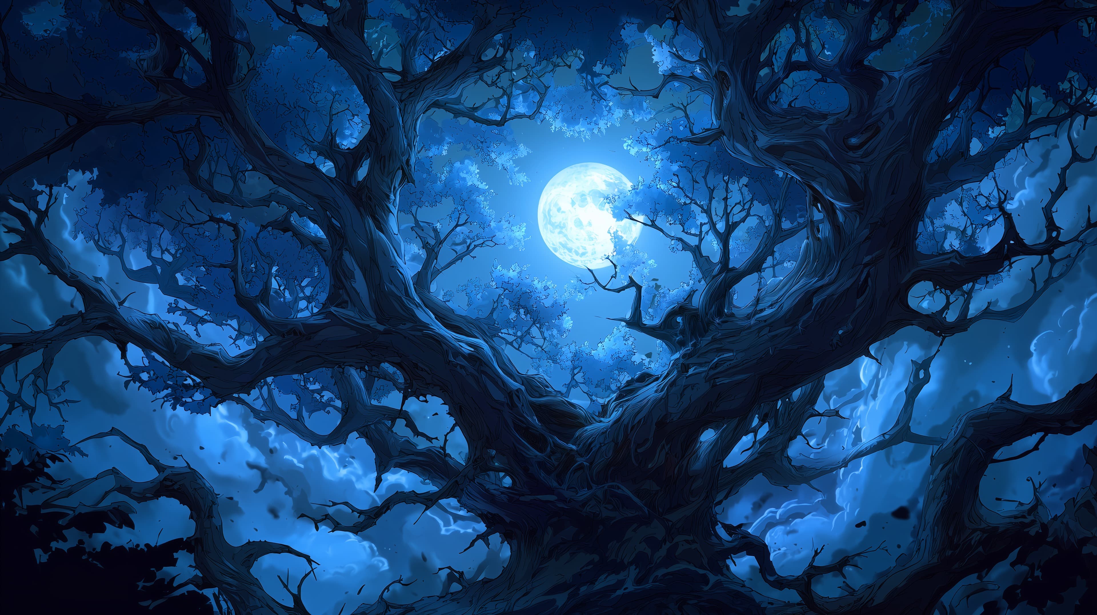 Moonlit Blue Forest: Dreamy Night Sky Fantasy Wallpaper - High Resolution blue-night Wallpaper for Mobile and Desktop