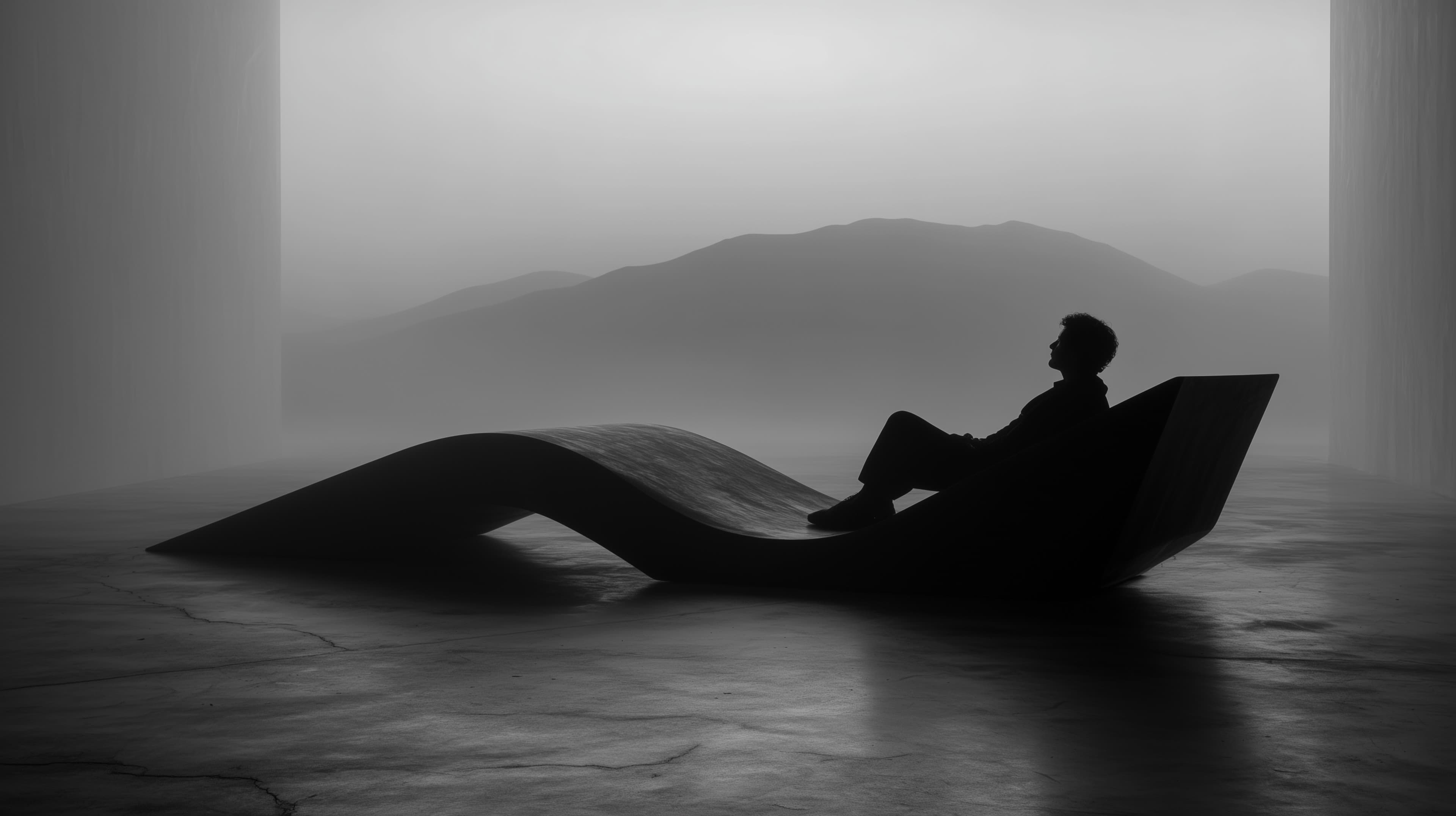 Monochrome silhouette on a surreal curved lounge in mist at dawn - High Resolution silhouette Wallpaper for Mobile and Desktop