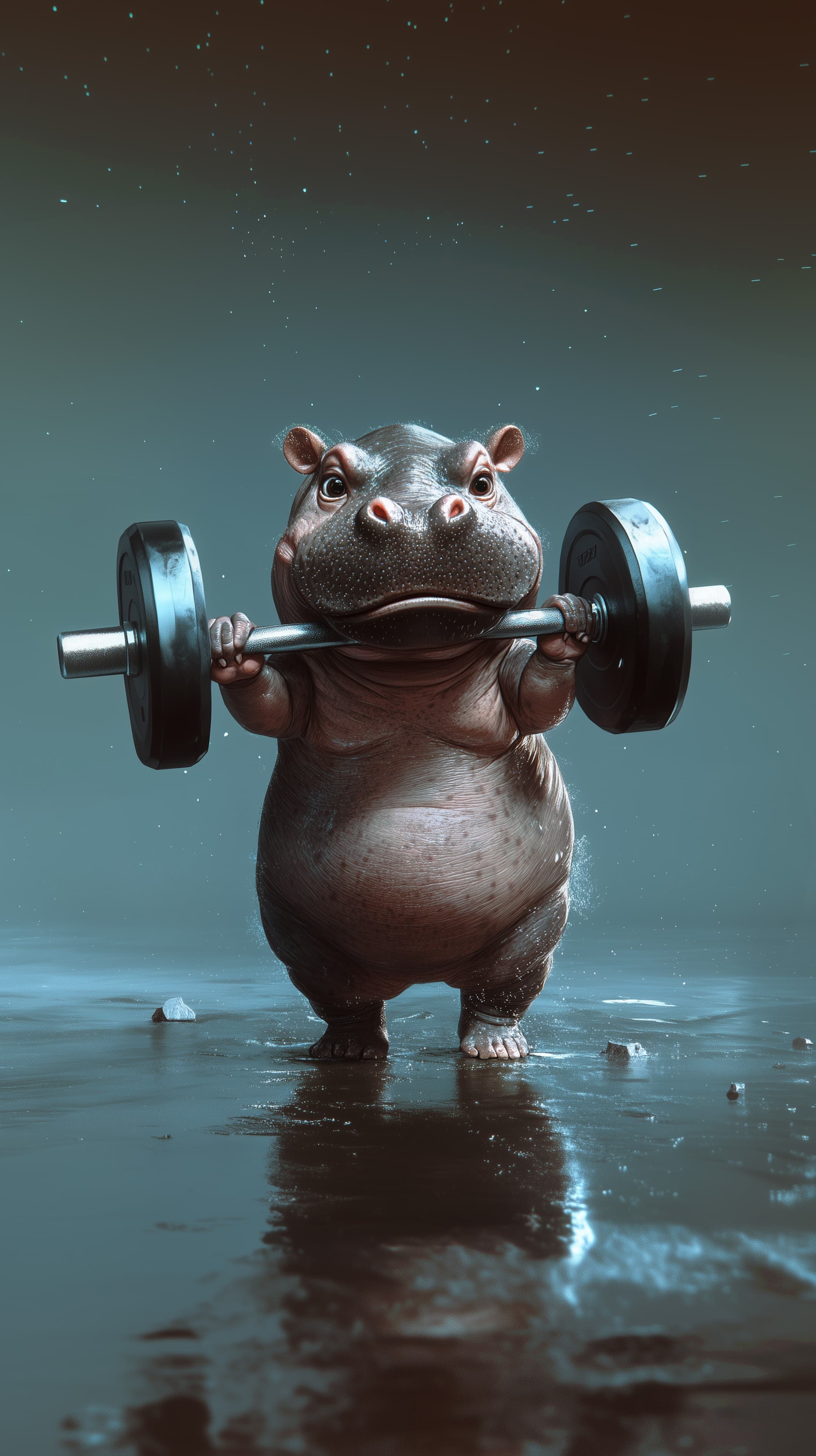 Cartoon Hippo Lifting Weights - Colorful Night Scene Wallpaper - High Resolution 3d-art Wallpaper for Mobile and Desktop