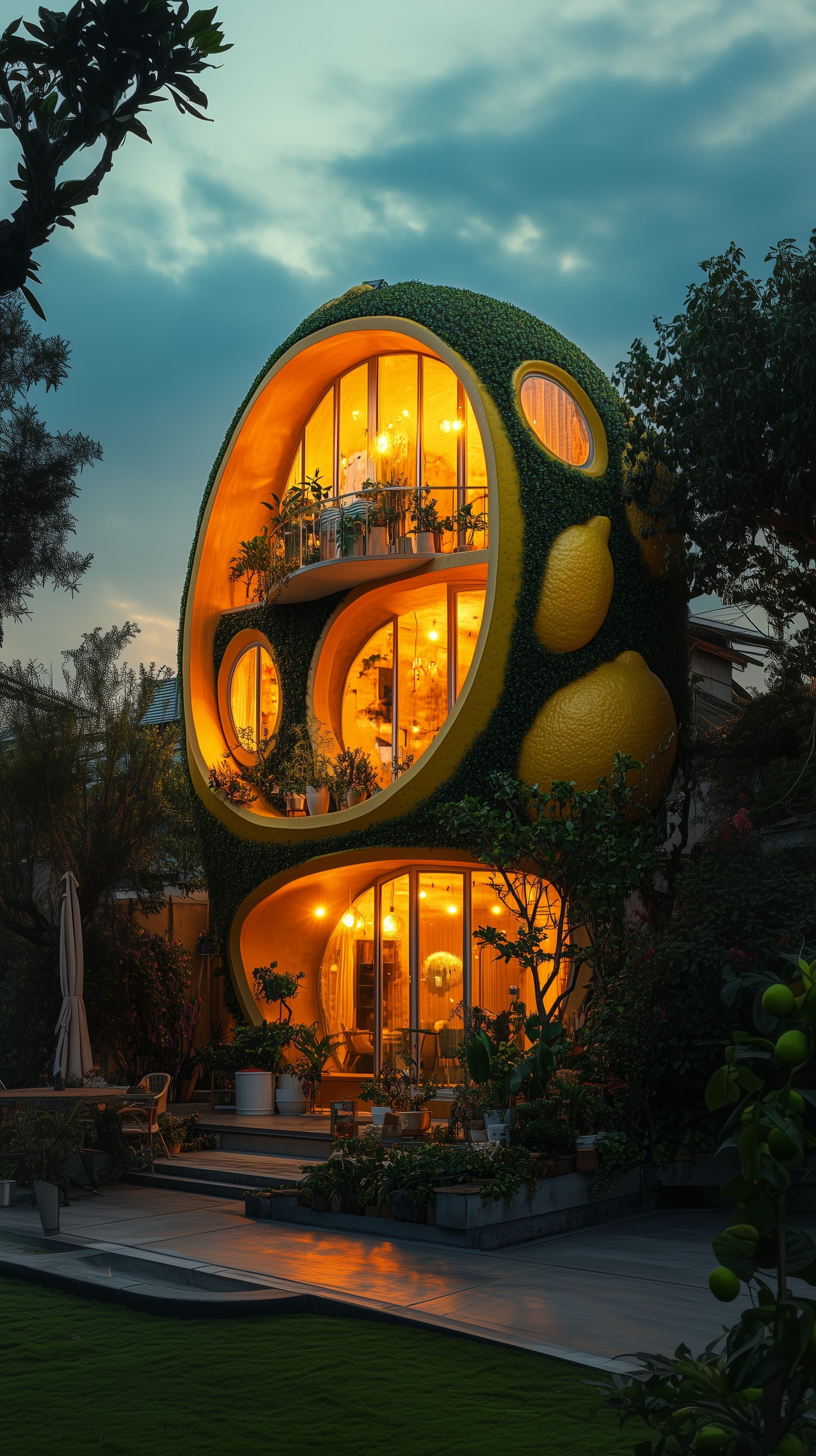 Whimsical Citrus Round House Wallpaper with Warm Glow Interior - High Resolution circular-windows Wallpaper for Mobile and Desktop