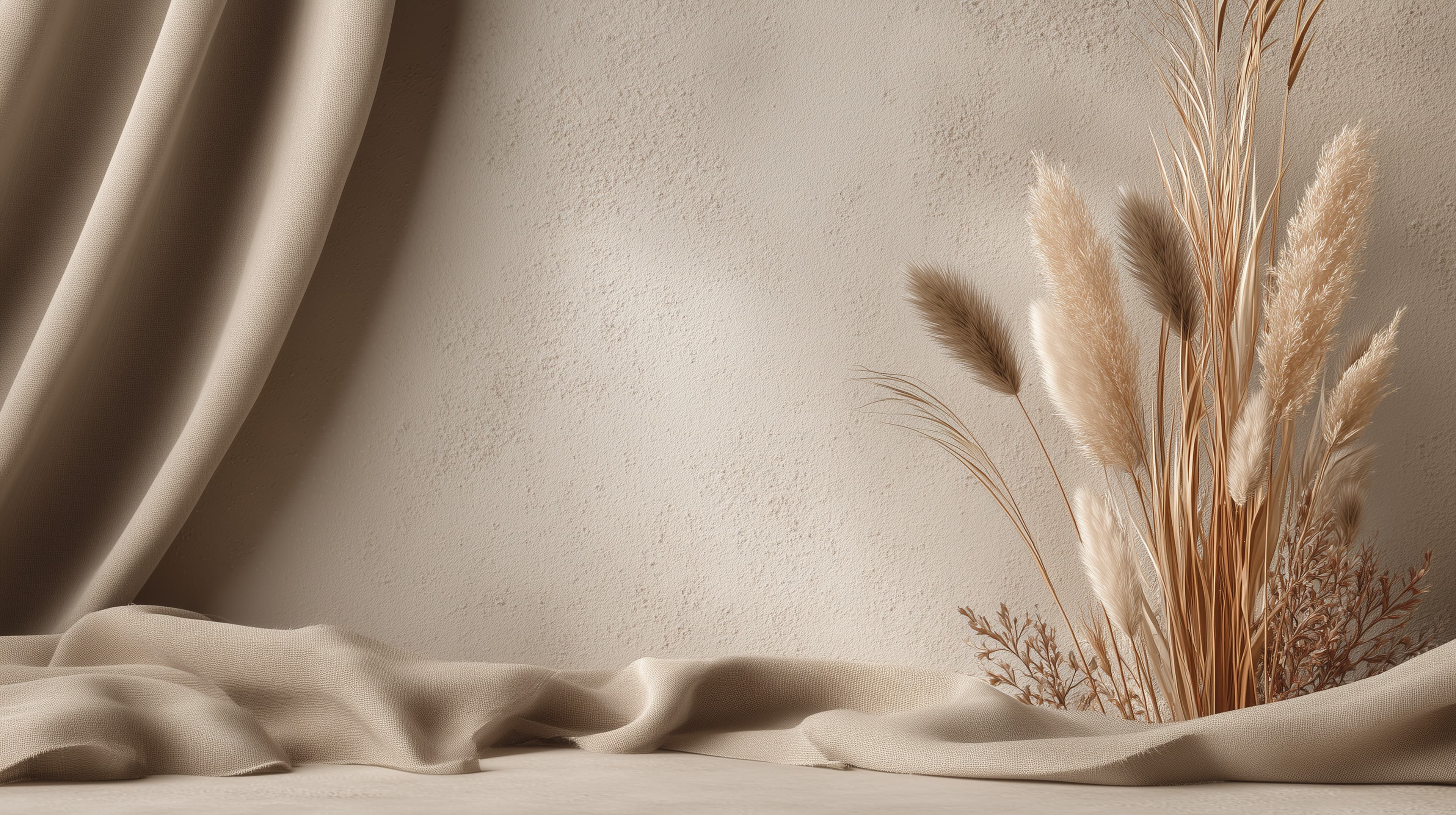 Soft Beige Draped Fabric with Pampas Grass Decor Wallpaper - High Resolution neutral Wallpaper for Mobile and Desktop