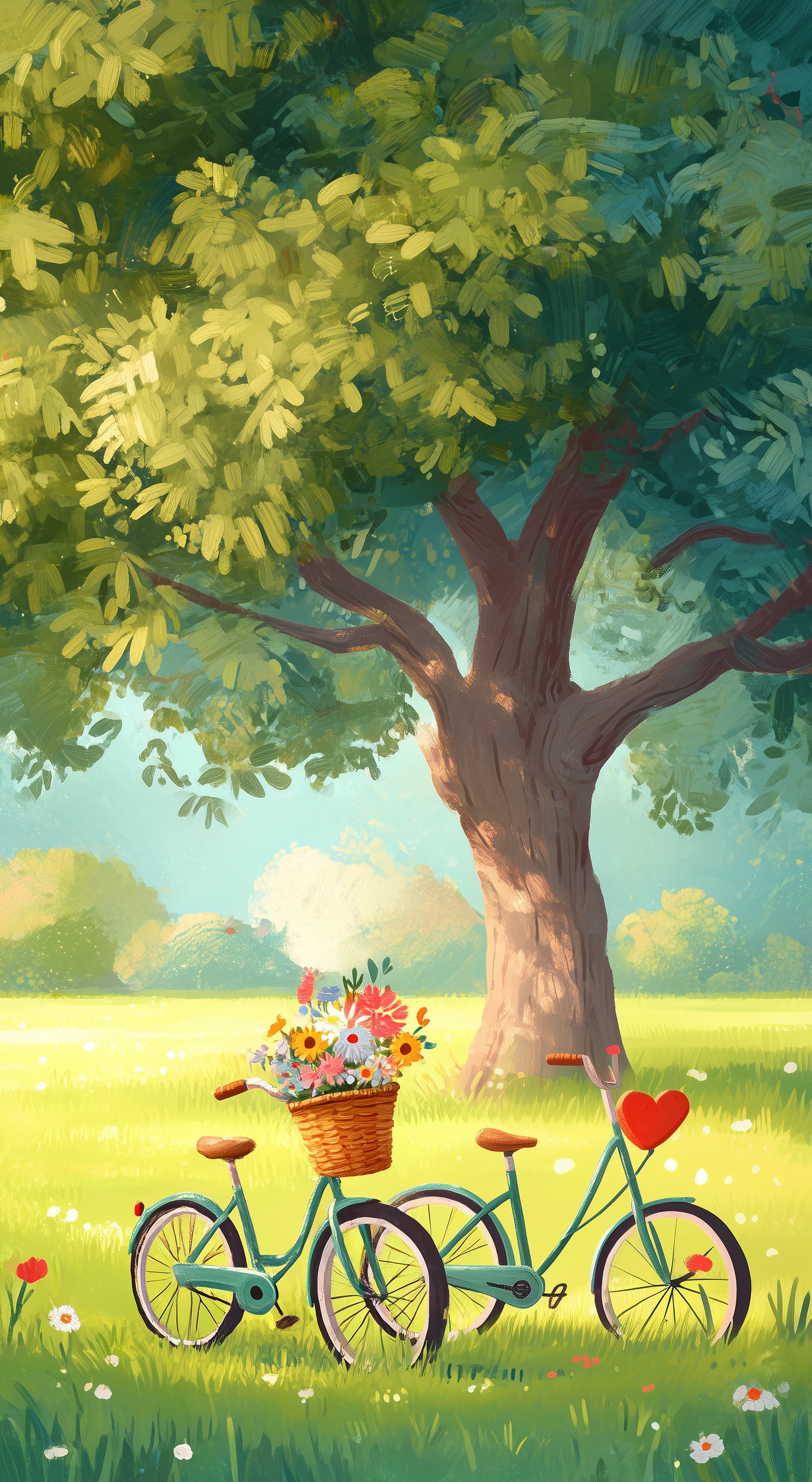 Sunlit Park Bicycle Scene with Flower Basket in Pastels - High Resolution bicycle-scene Wallpaper for Mobile and Desktop