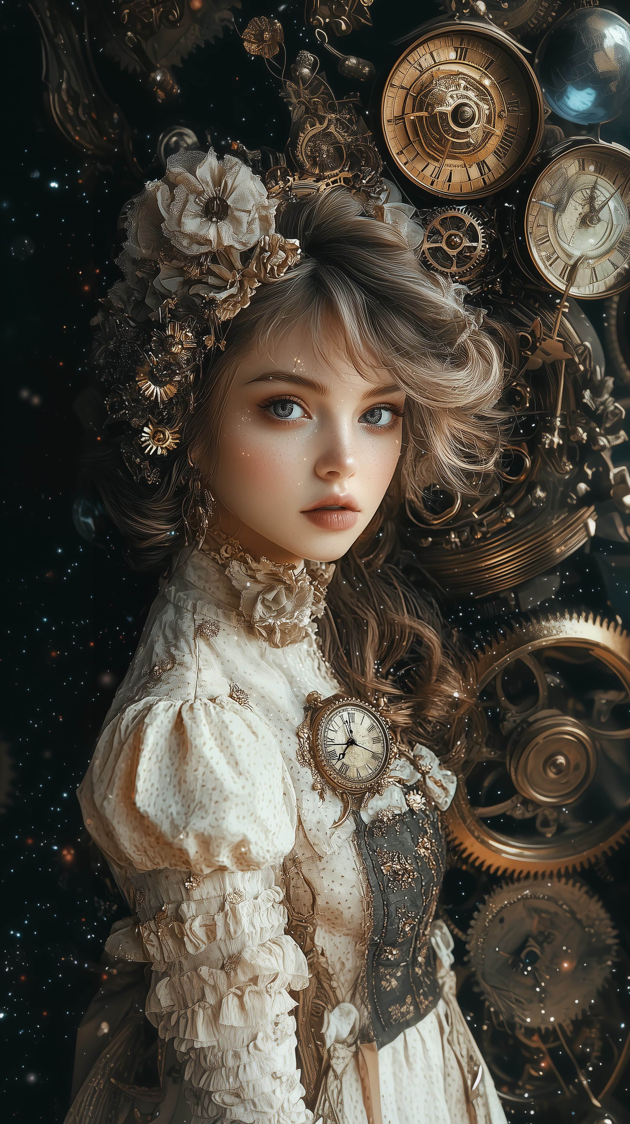 Steampunk Portrait: Clockwork Gears and Floral Headdress - High Resolution art Wallpaper for Mobile and Desktop