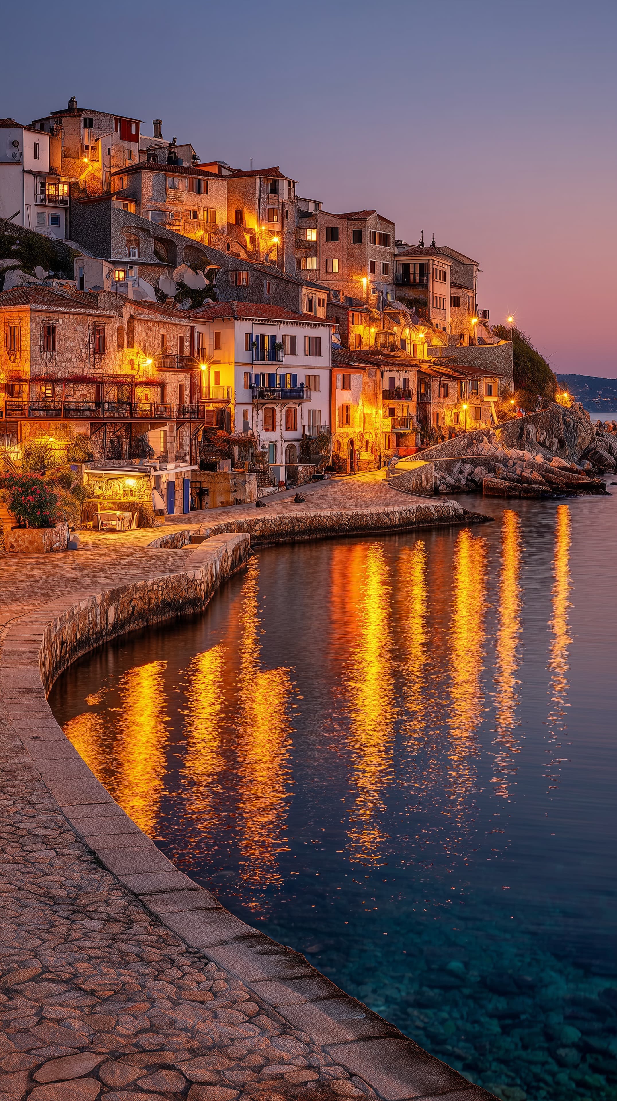 Evening Lights Reflected on Calm Harbor Townscape by the Sea - High Resolution coastal-town Wallpaper for Mobile and Desktop