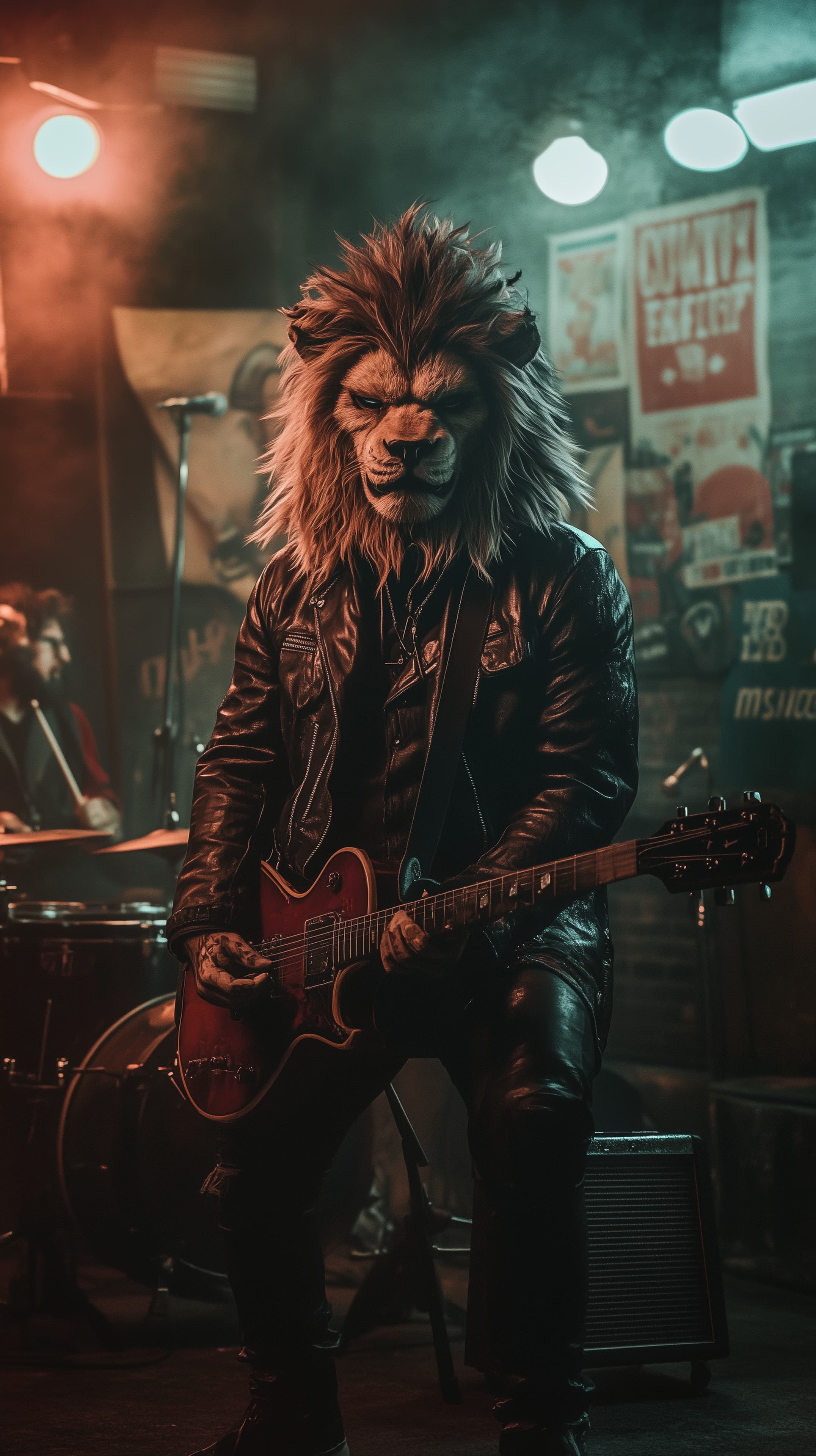 Lion-Headed Rock Guitarist in Leather Jacket on Stage - High Resolution cinematic Wallpaper for Mobile and Desktop