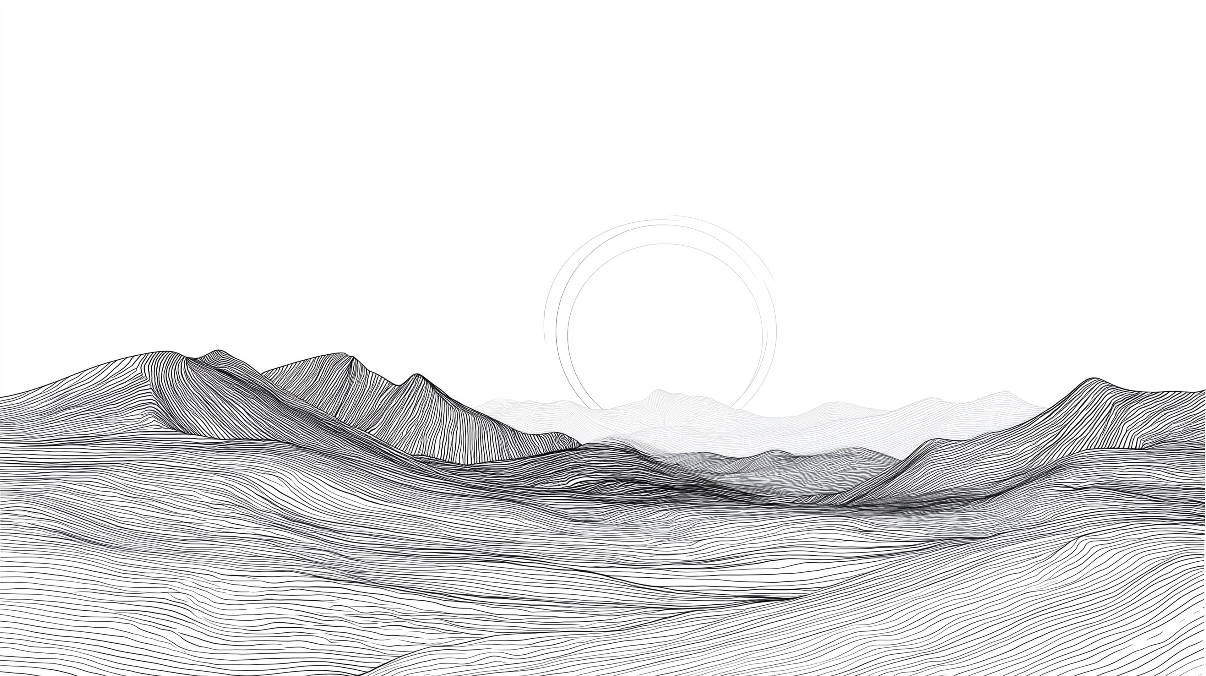 Monochrome Line Art Desert Landscape with Circular Sky Ring - High Resolution abstract Wallpaper for Mobile and Desktop