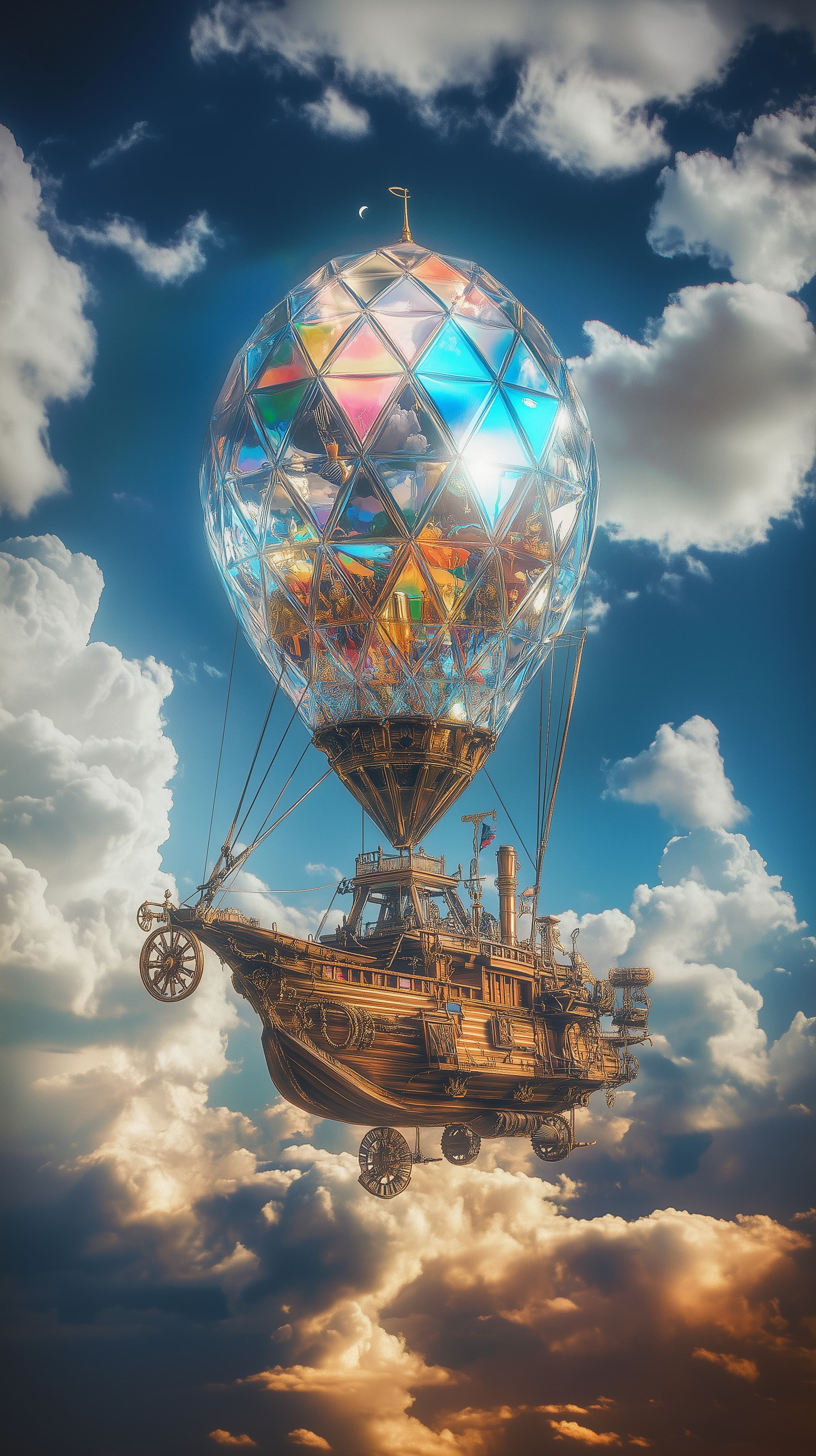 Steampunk Airship with Geometric Balloon Floating in Sky - High Resolution airship Wallpaper for Mobile and Desktop