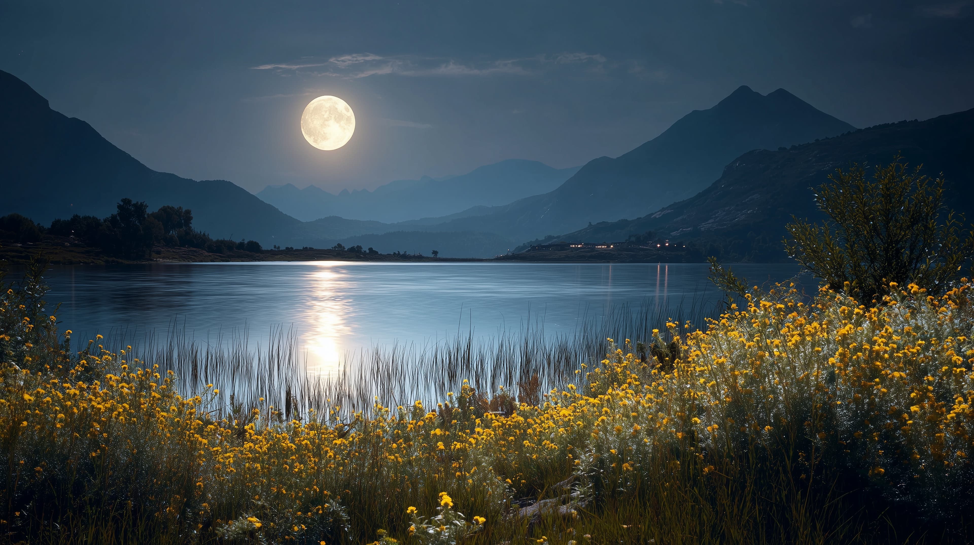 Moonlit Lake Landscape with Mountain Range and Wildflowers - High Resolution blue-mountains Wallpaper for Mobile and Desktop