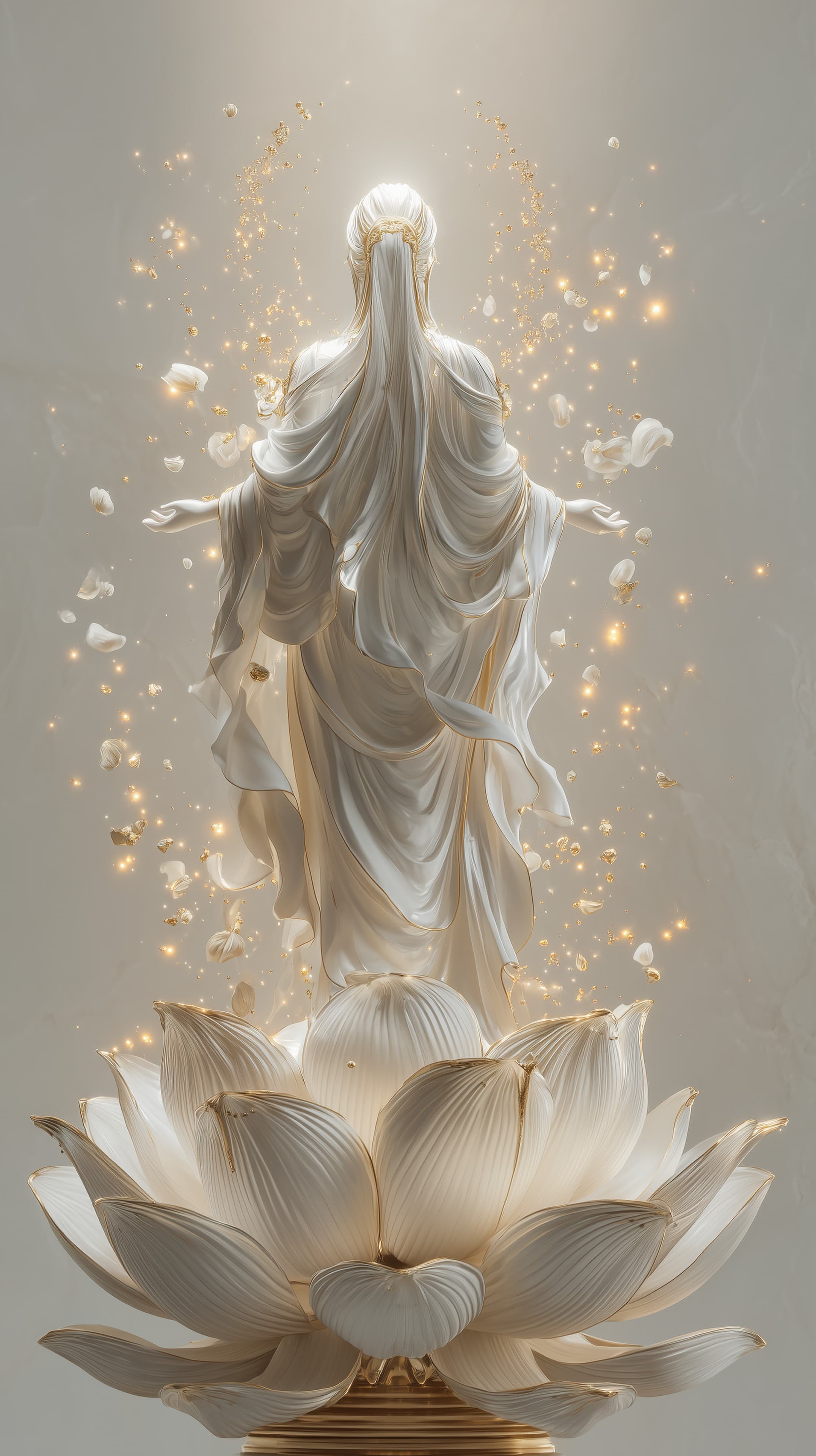 Ethereal Lotus Guardian in White Robes with Golden Glow - High Resolution artwork Wallpaper for Mobile and Desktop