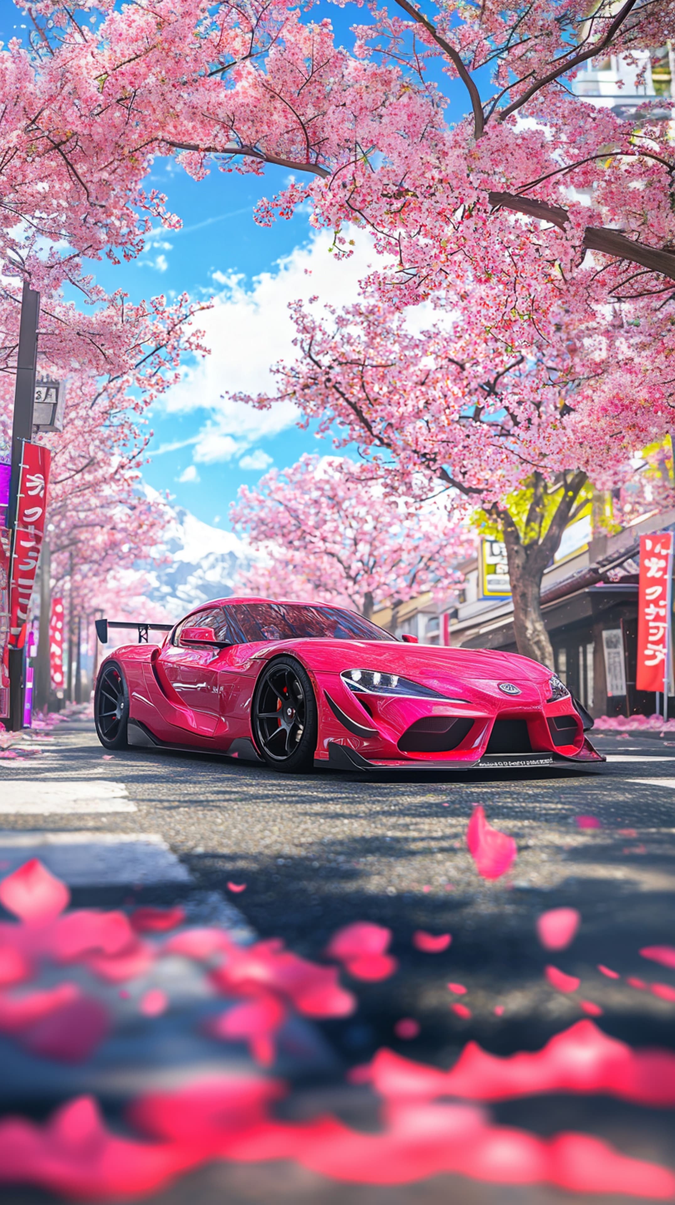 Vibrant Pink Sports Car Under Cherry Blossom Boulevard - High Resolution pink-sports-car Wallpaper for Mobile and Desktop