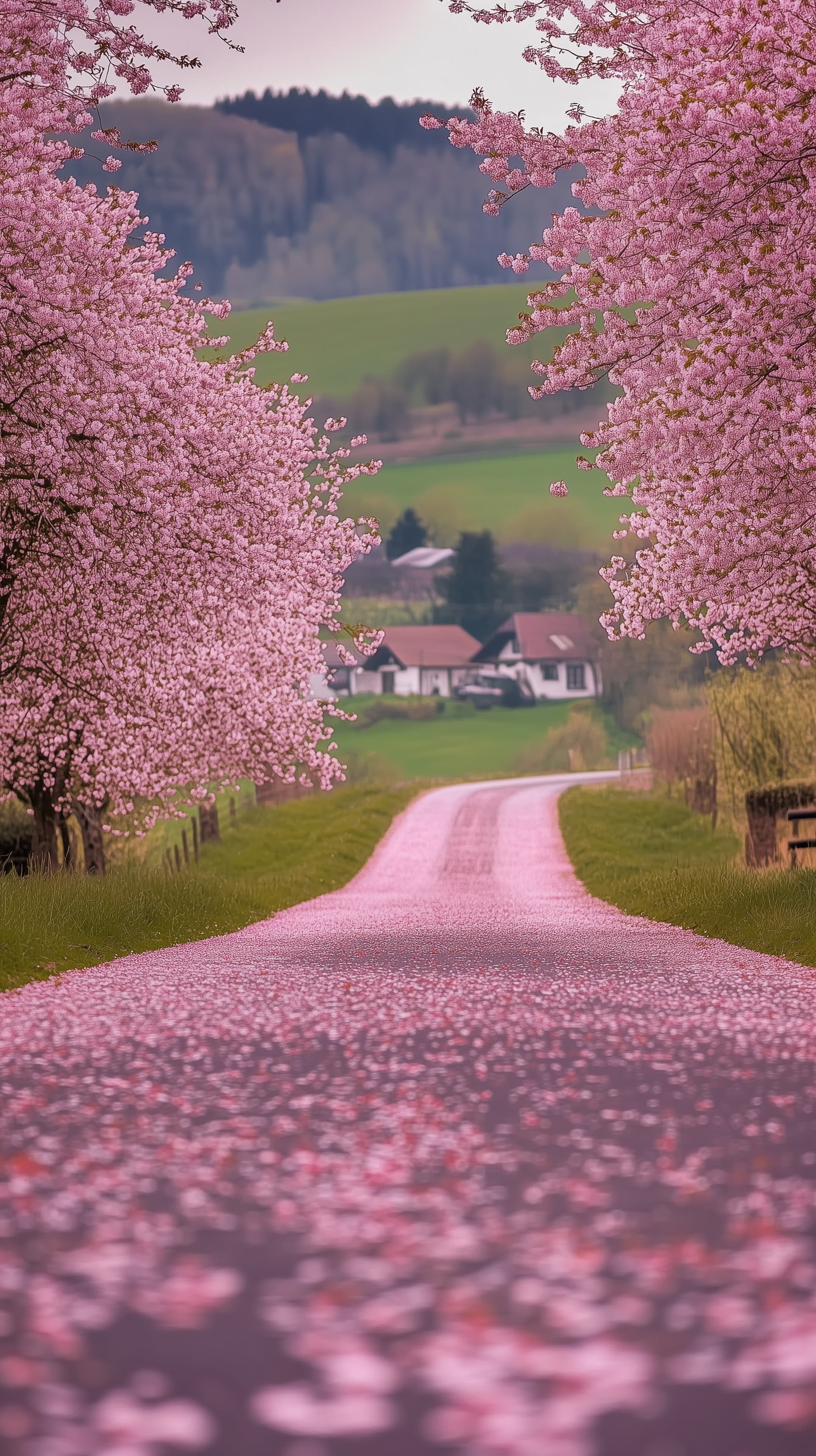 Pink Blossom Lane: Serene Spring Rural Road Wallpaper - High Resolution cherry-trees Wallpaper for Mobile and Desktop
