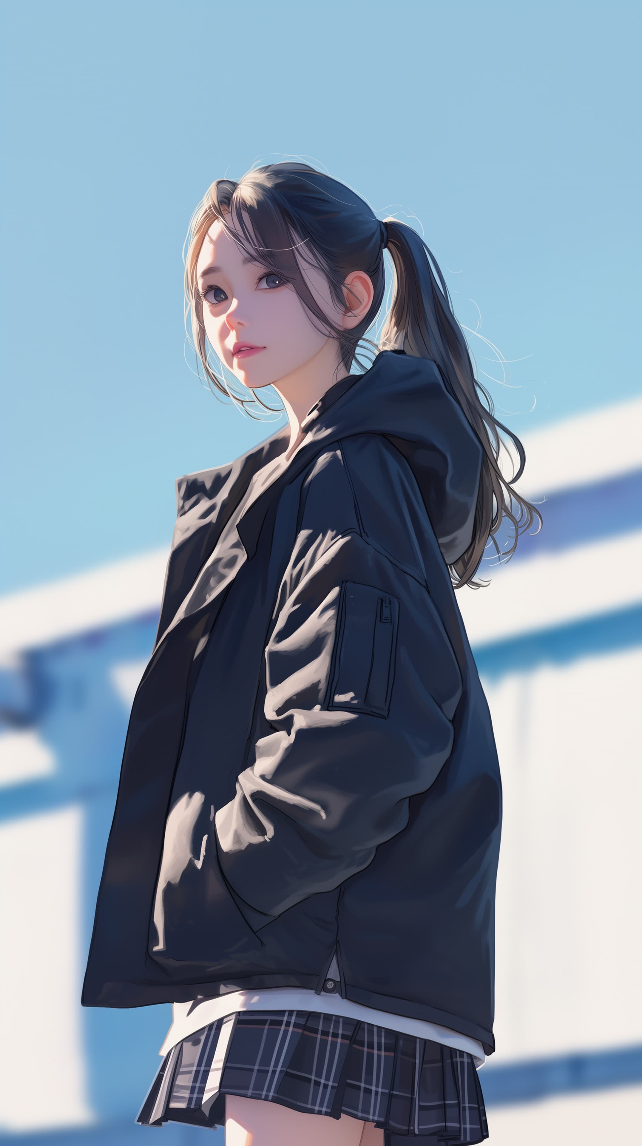 Dreamy Anime Portrait: Girl in a Dark Jacket under Clear Sky - High Resolution anime-wallpaper Wallpaper for Mobile and Desktop