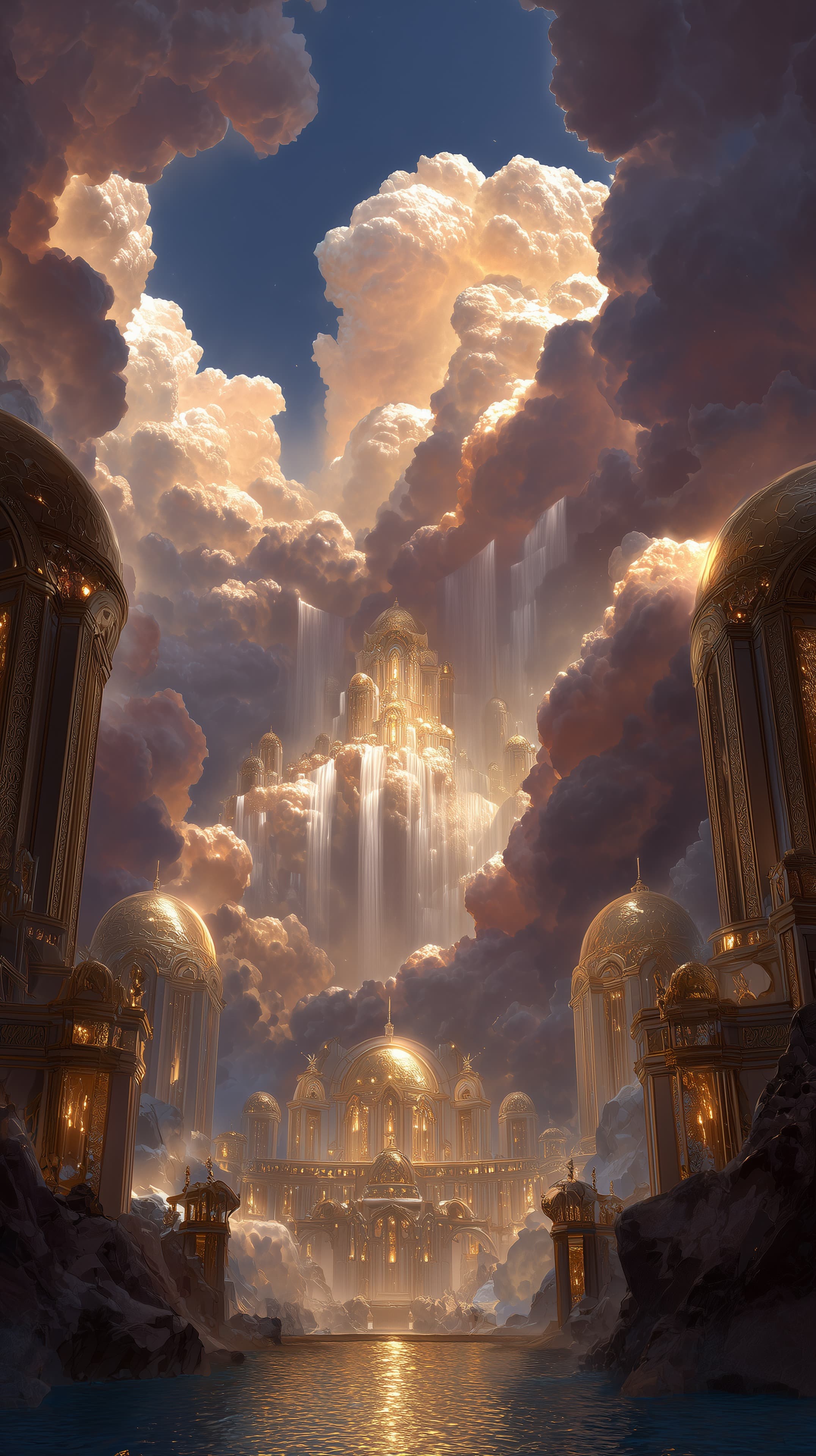 Golden Fantasy City in the Clouds - Celestial Palace Wallpaper - High Resolution architectural-marvel Wallpaper for Mobile and Desktop