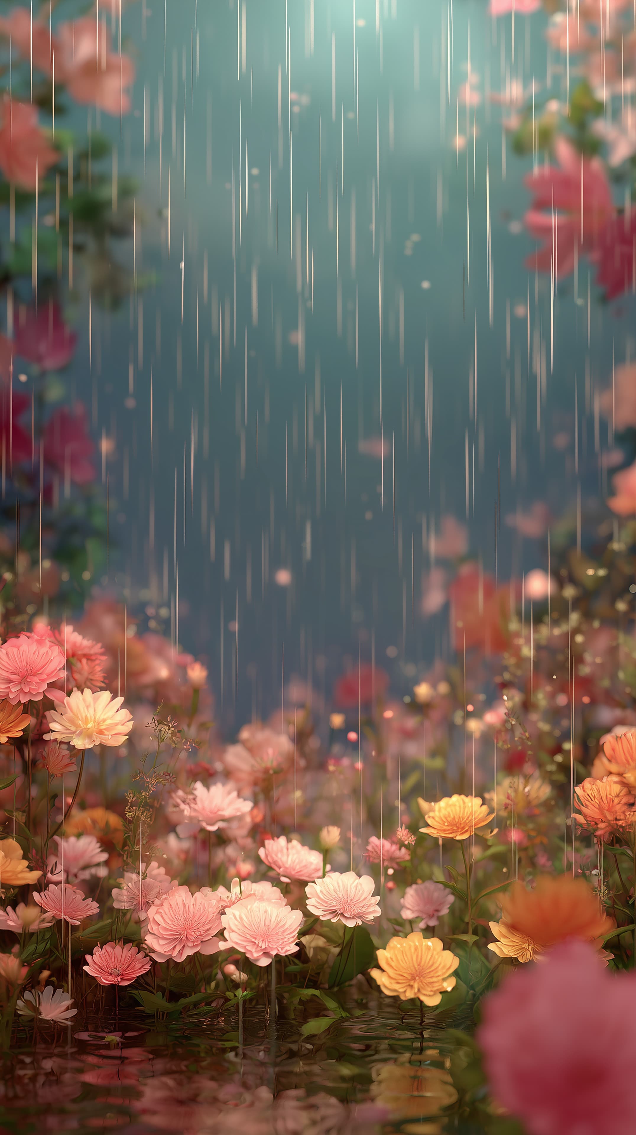 Dreamy Rain Over Blooming Garden Flowers - Soft Ambient Scene - High Resolution blooming-plants Wallpaper for Mobile and Desktop
