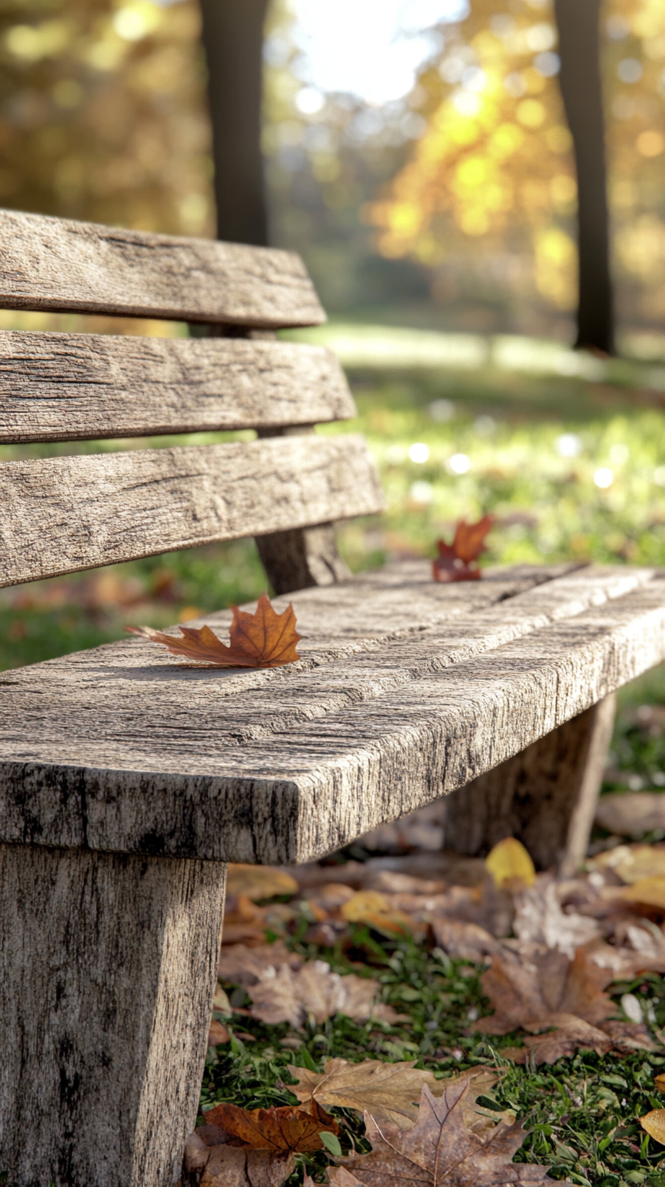 Autumn Park Bench with Fallen Leaves in Warm Golden Light - High Resolution autumn-atmosphere Wallpaper for Mobile and Desktop