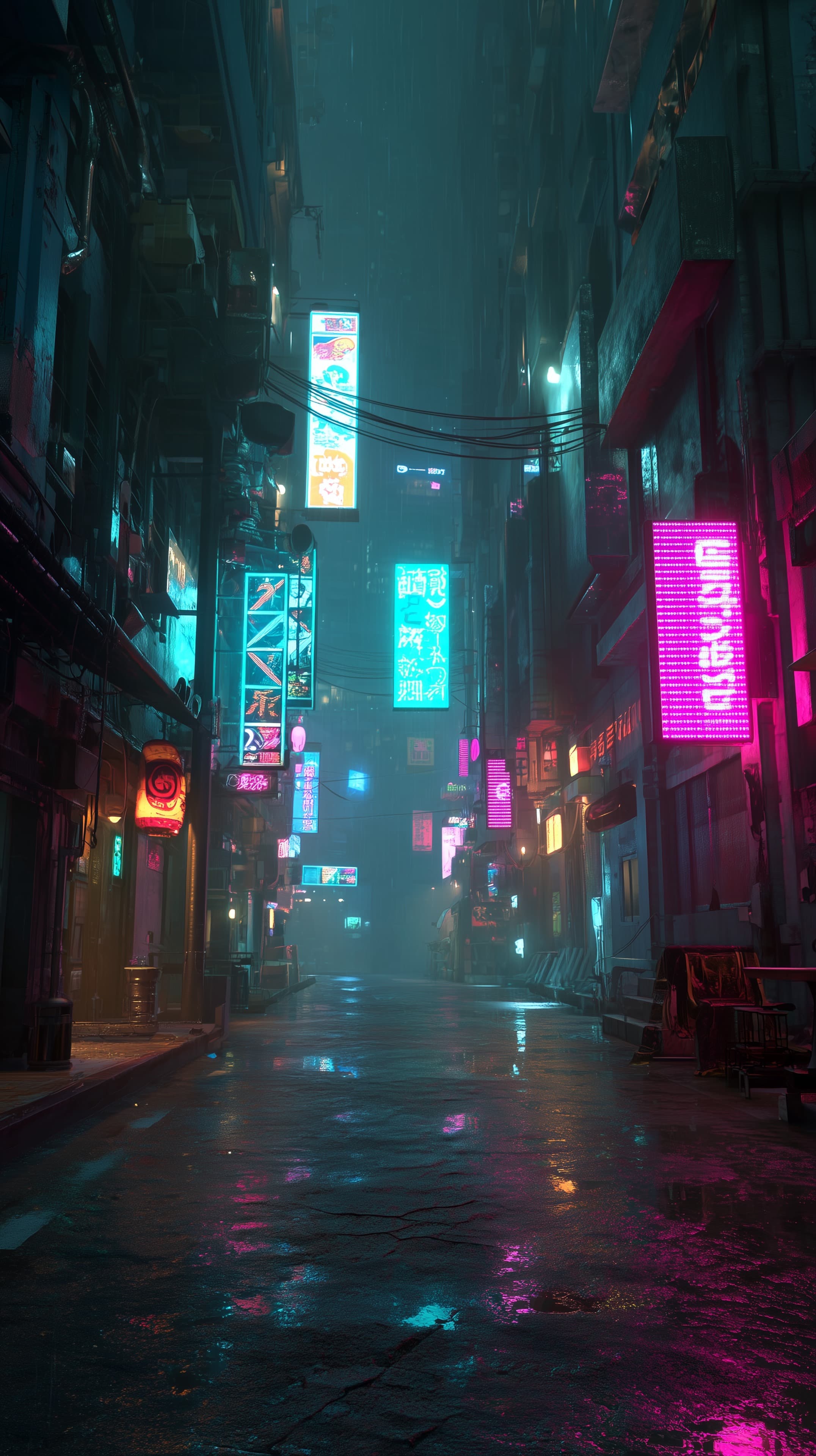 Neon Rainy Alleyway at Night in Cyberpunk Cityscape - High Resolution cyberpunk-aesthetic Wallpaper for Mobile and Desktop