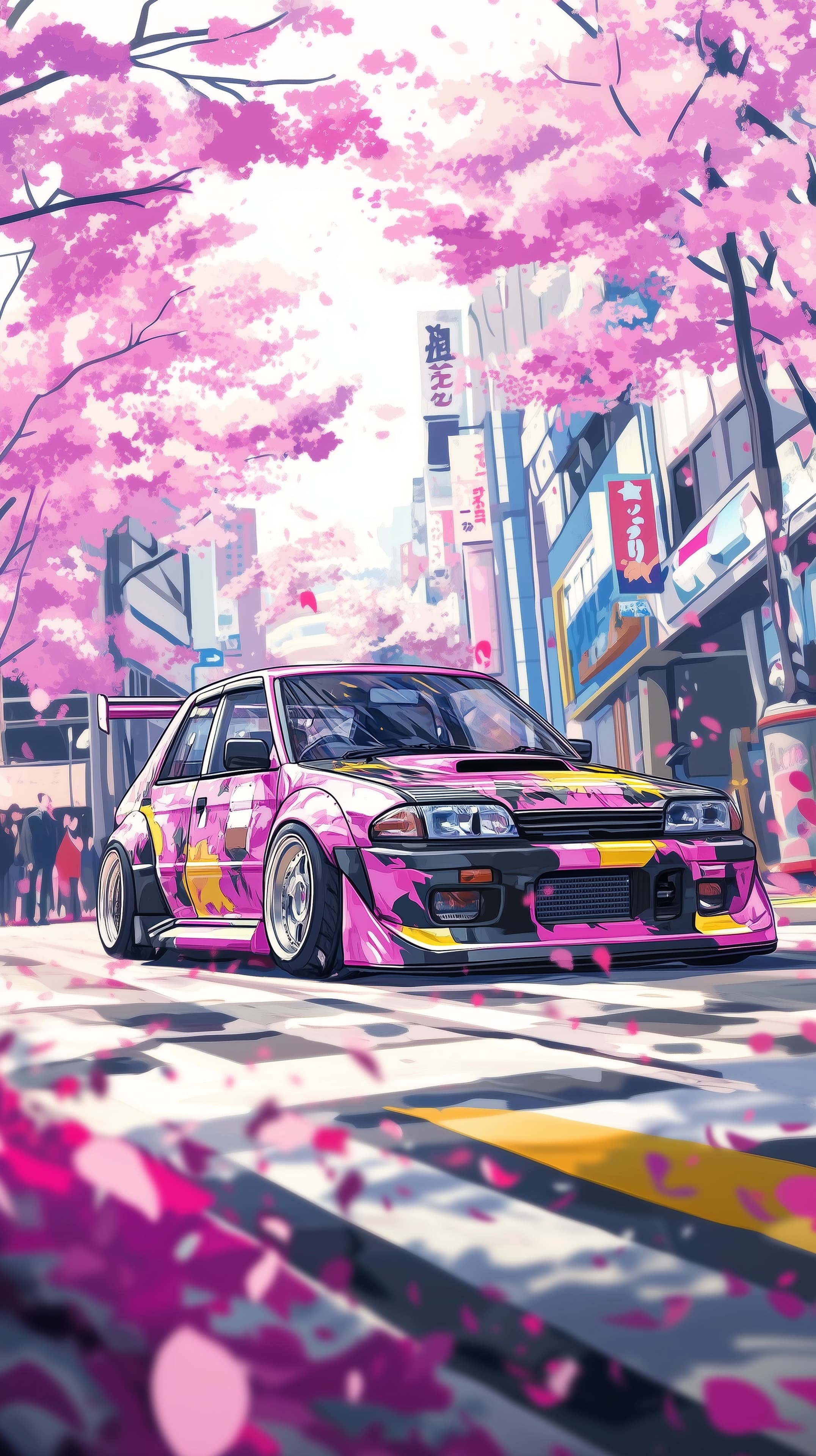 Vibrant Pink Drift Car in Cherry Blossom City Street Wallpaper - High Resolution anime-inspired Wallpaper for Mobile and Desktop