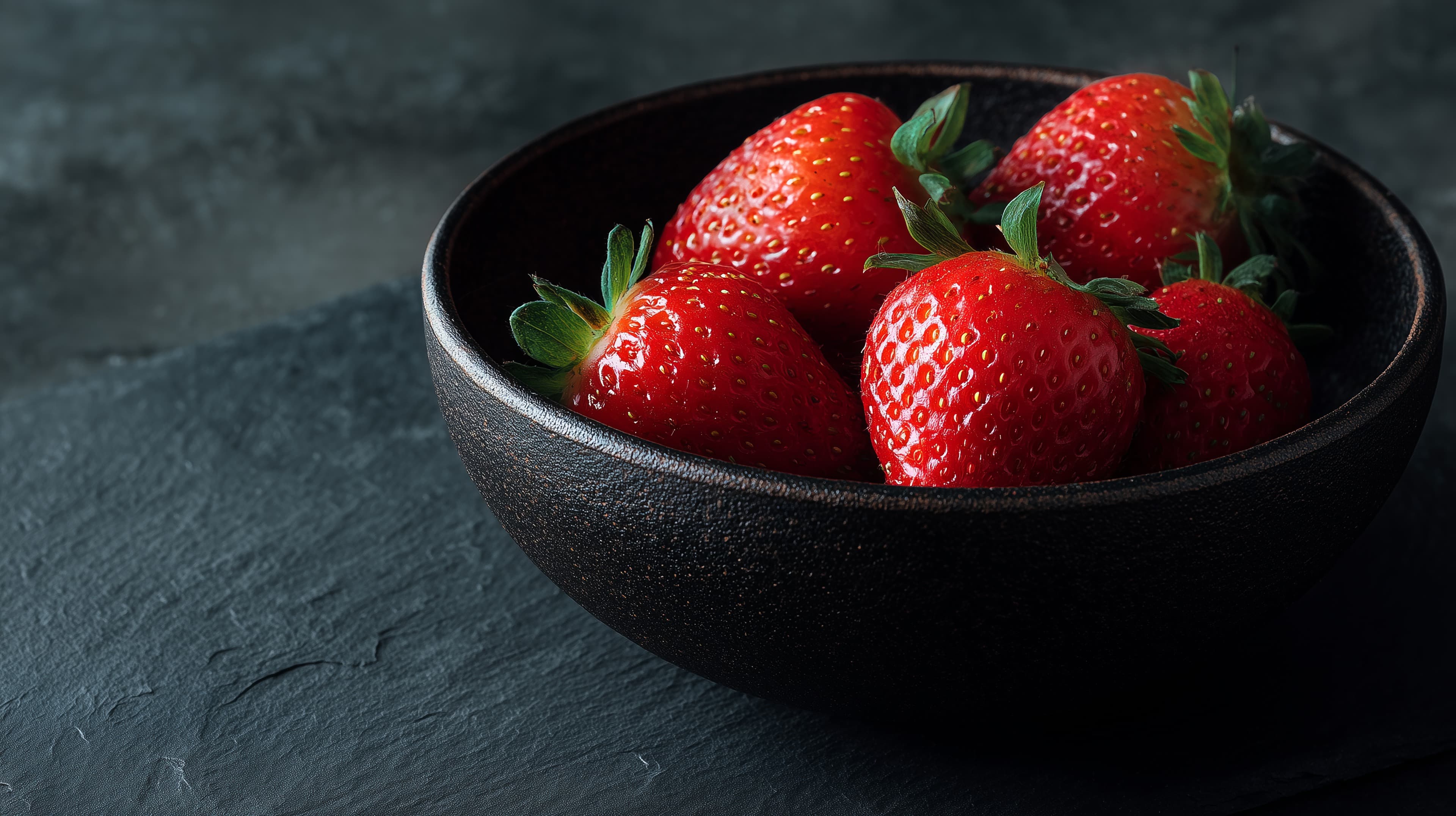 Vibrant Red Strawberries in Matte Black Bowl Desktop Wallpaper - High Resolution strawberries Wallpaper for Mobile and Desktop